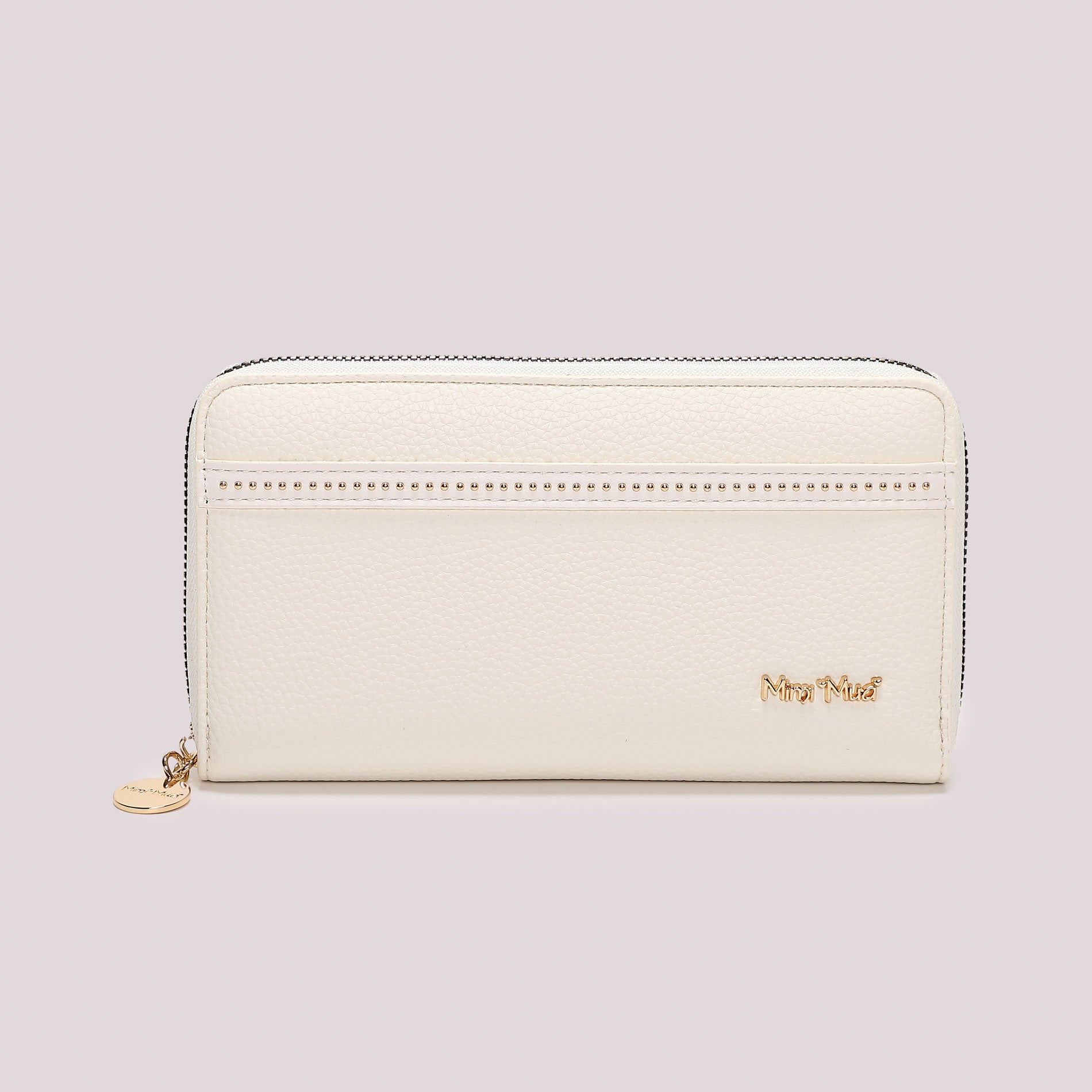 Portafoglio donna Mimi Mua zip around con borchie sottili stile elegante minimal Bianco TU | Giò Fashion
