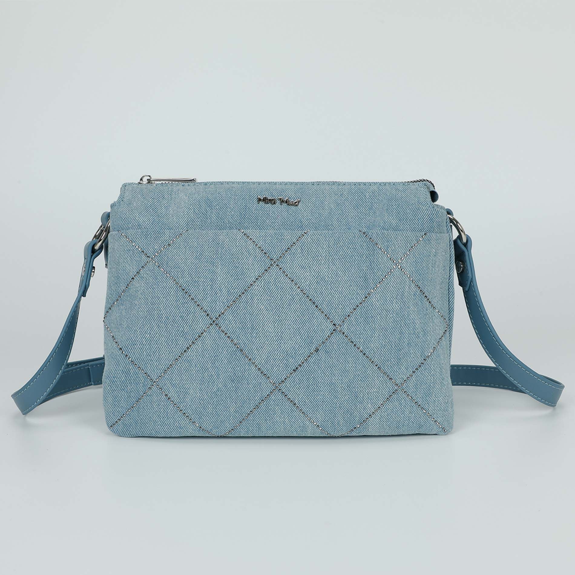 Mimi Mua borsa a busta in jeans con strass