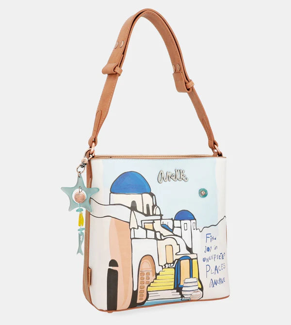 Borsa Anekke a spalla con stampa Santorini