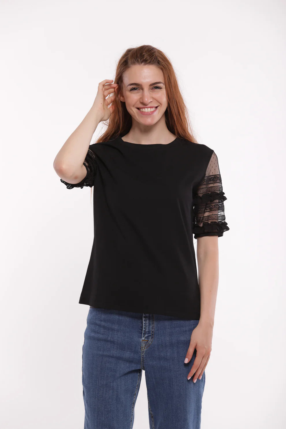 Minimua T-shirt con Maniche Trasparenti e Inserti in Pizzo Nero M | Giò Fashion