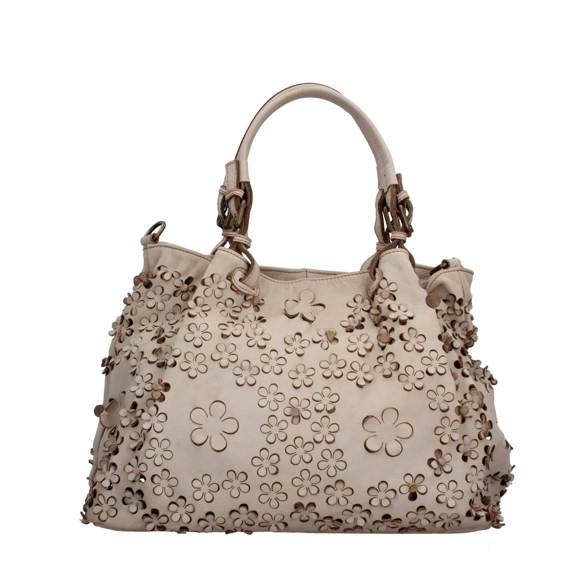 Borsa elegante traforata con motivo floreale e manici intrecciati