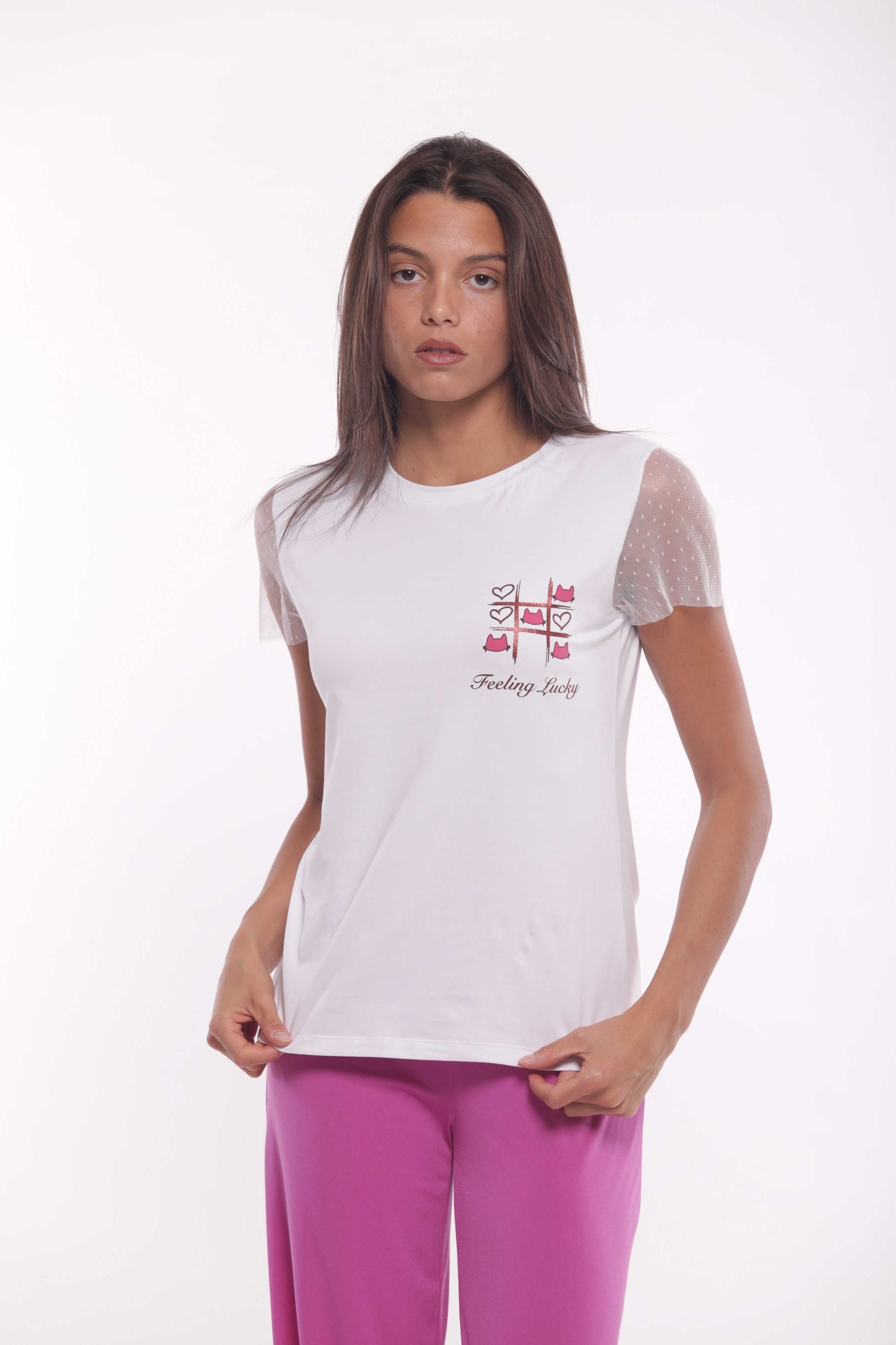 Minimua T-shirt Feeling Lucky con Maniche in Tulle Bianco S | Giò Fashion