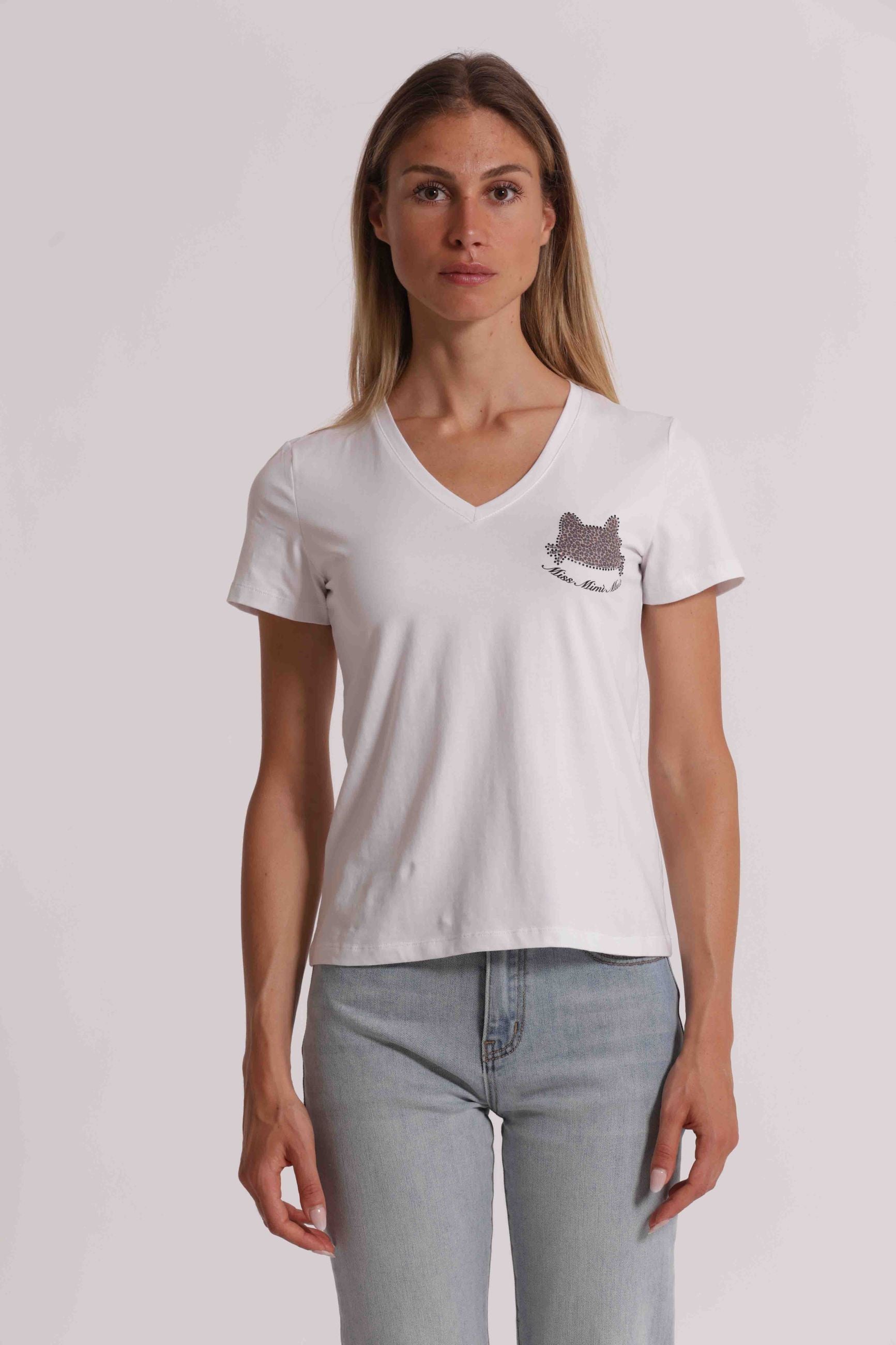 T-shirt donna Mimi Mua con scollo a V e applicazione decorativa frontale Bianco XL | Giò Fashion