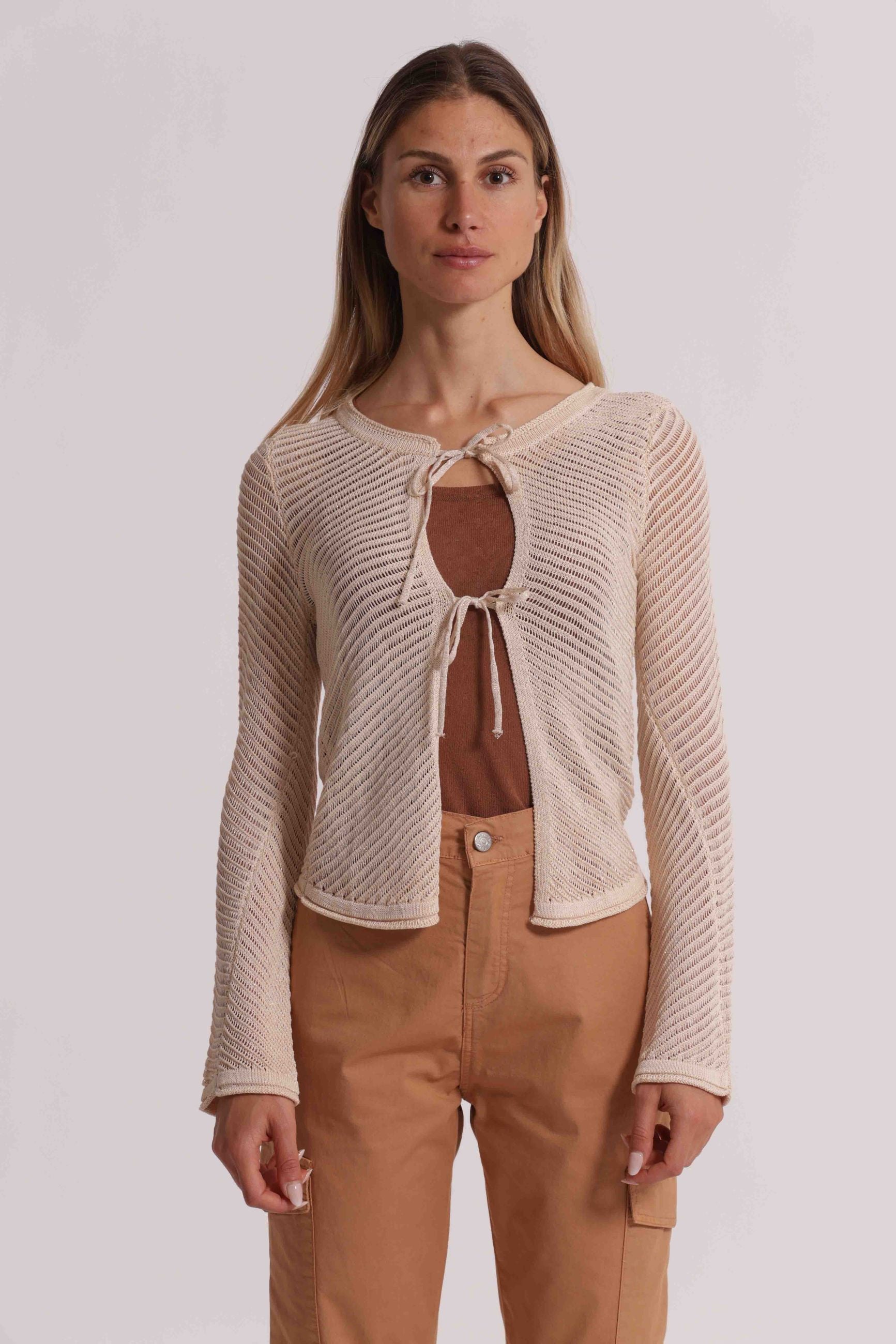Mimi Mua cardigan donna traforato con lacci frontali stile leggero Rosa L | Giò Fashion