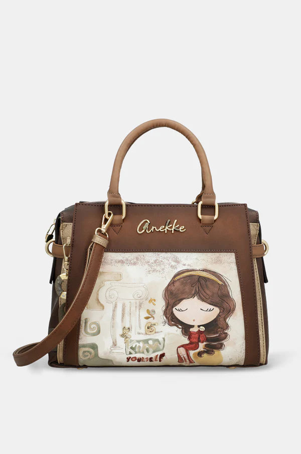 Borsa a mano Anekke con tracolla removibile e stampa artistica frontale Marrone TU | Giò Fashion