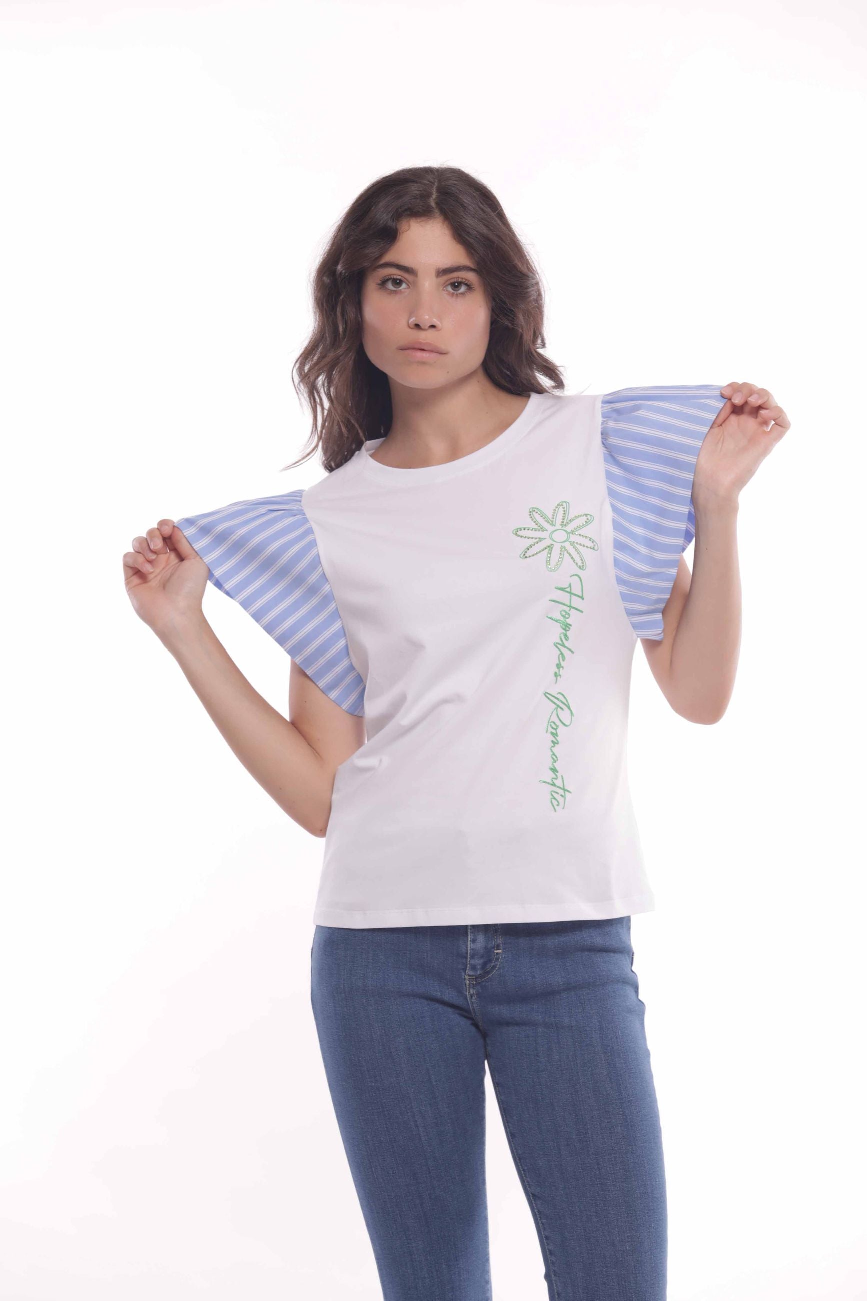 Minimua T-shirt con Maniche a Righe e Dettagli Floreali Bianco S | Giò Fashion