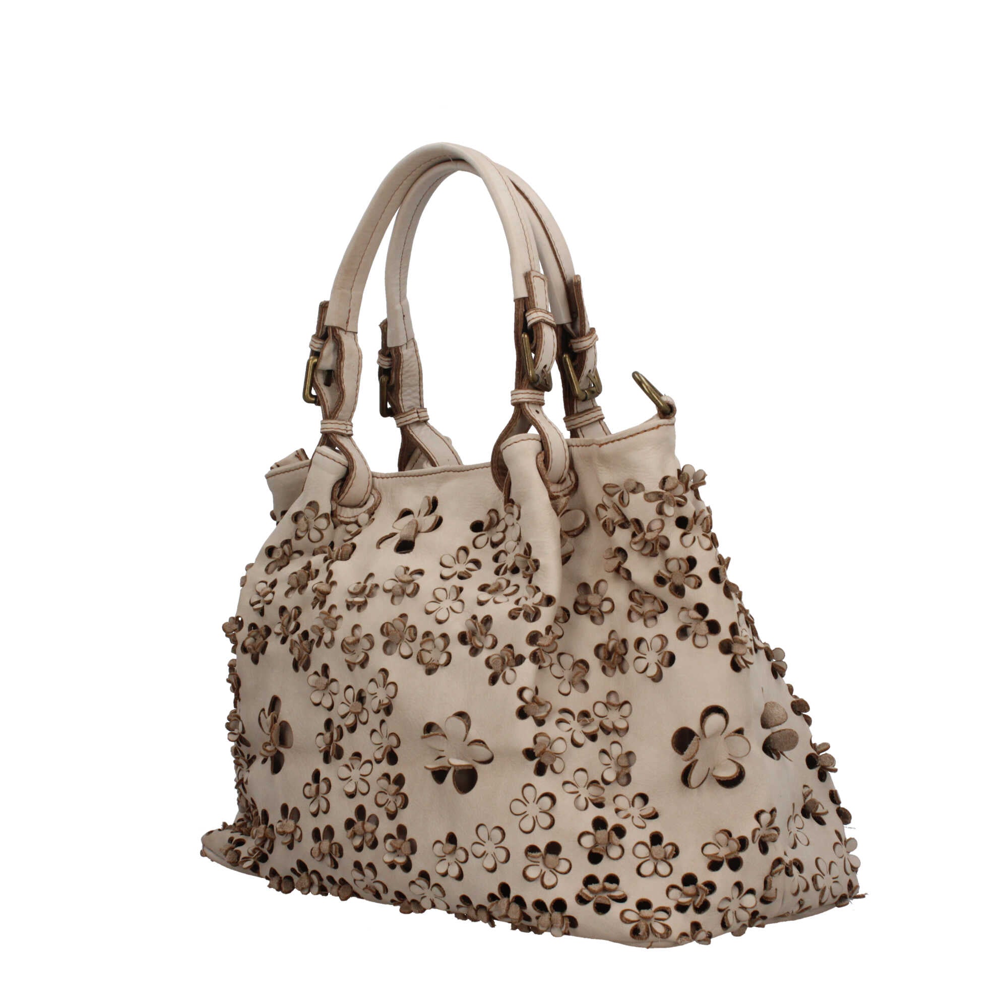 Borsa elegante traforata con motivo floreale e manici intrecciati