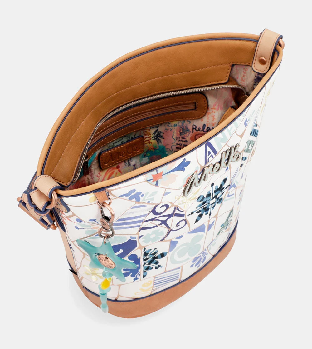 Borsa a tracolla ovale Anekke Sunrise con stampa ceramica mediterranea