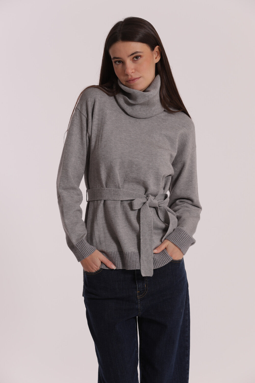 Maglione Mimi Mua a collo alto con cintura in vita Grigio XL | Giò Fashion