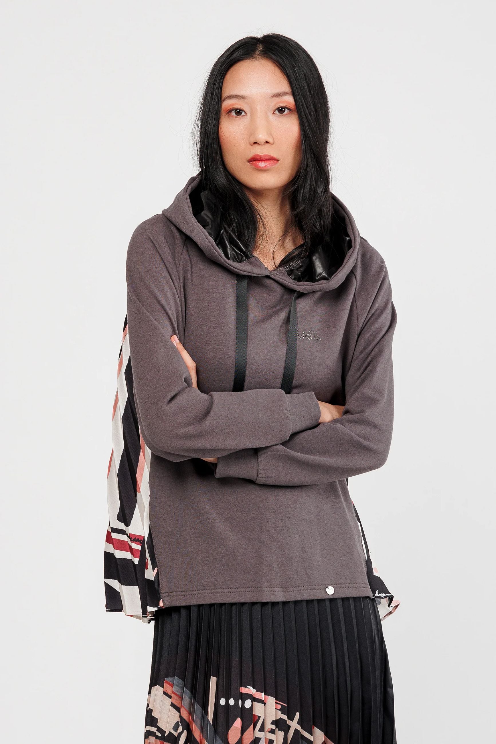 Felpa Anekke donna con cappuccio e inserti plissé stampati Grigio XL | Giò Fashion