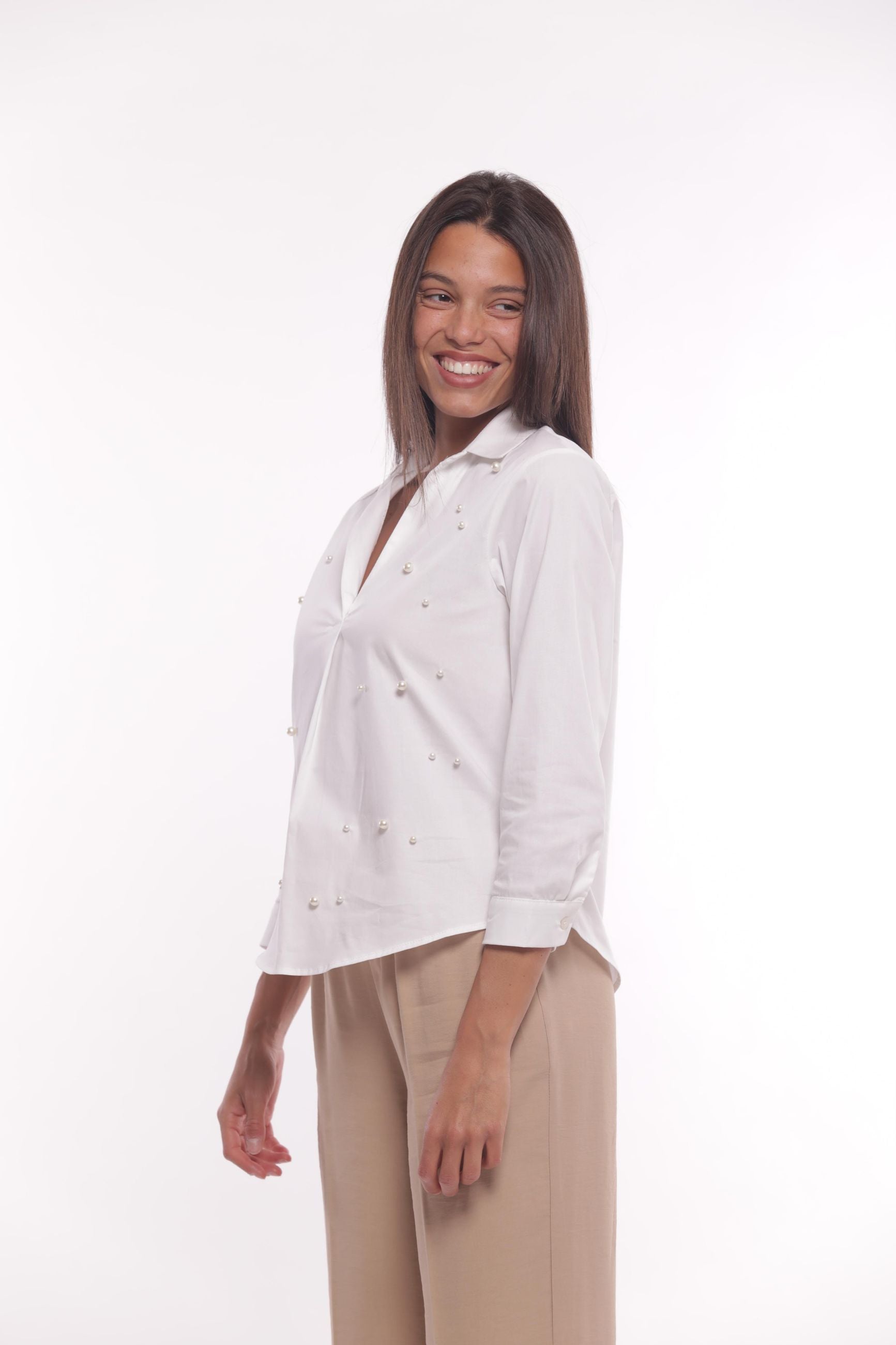 Minimua Camicia in Cotone con Perle Applicate