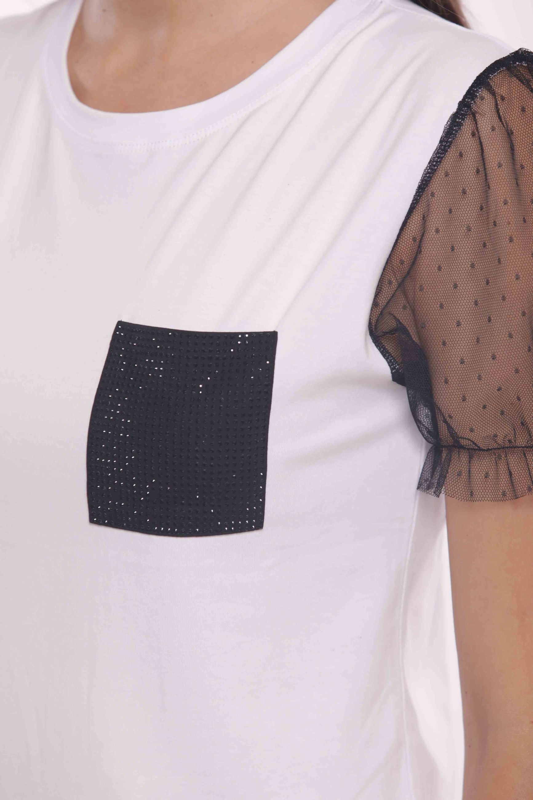 Minimua T-shirt con Taschino Strass e Maniche in Tulle