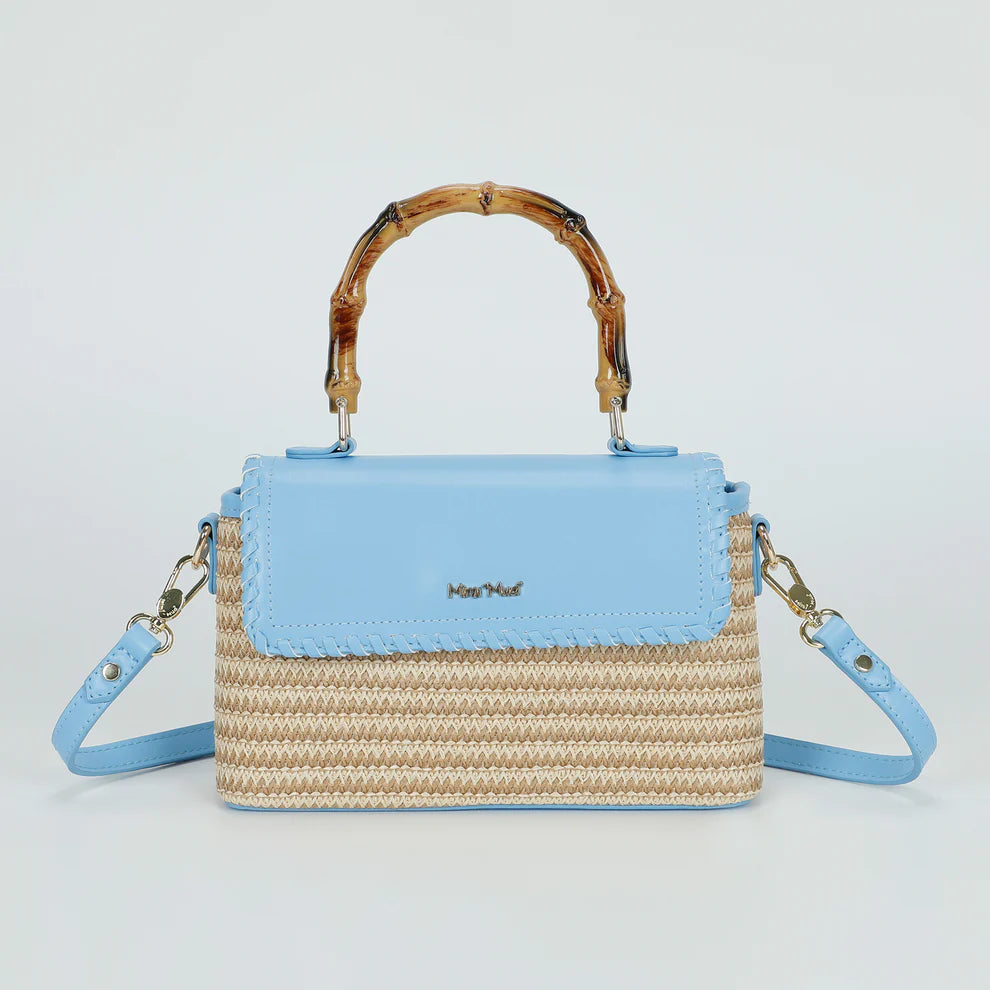 Mimi Mua borsa a tracolla in paglia con manico bamboo AZZURRO TU | Giò Fashion