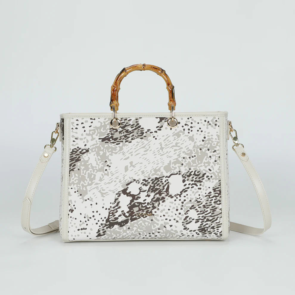 Borsa a mano Mimi Mua con stampa astratta e manici bamboo Beige TU | Giò Fashion