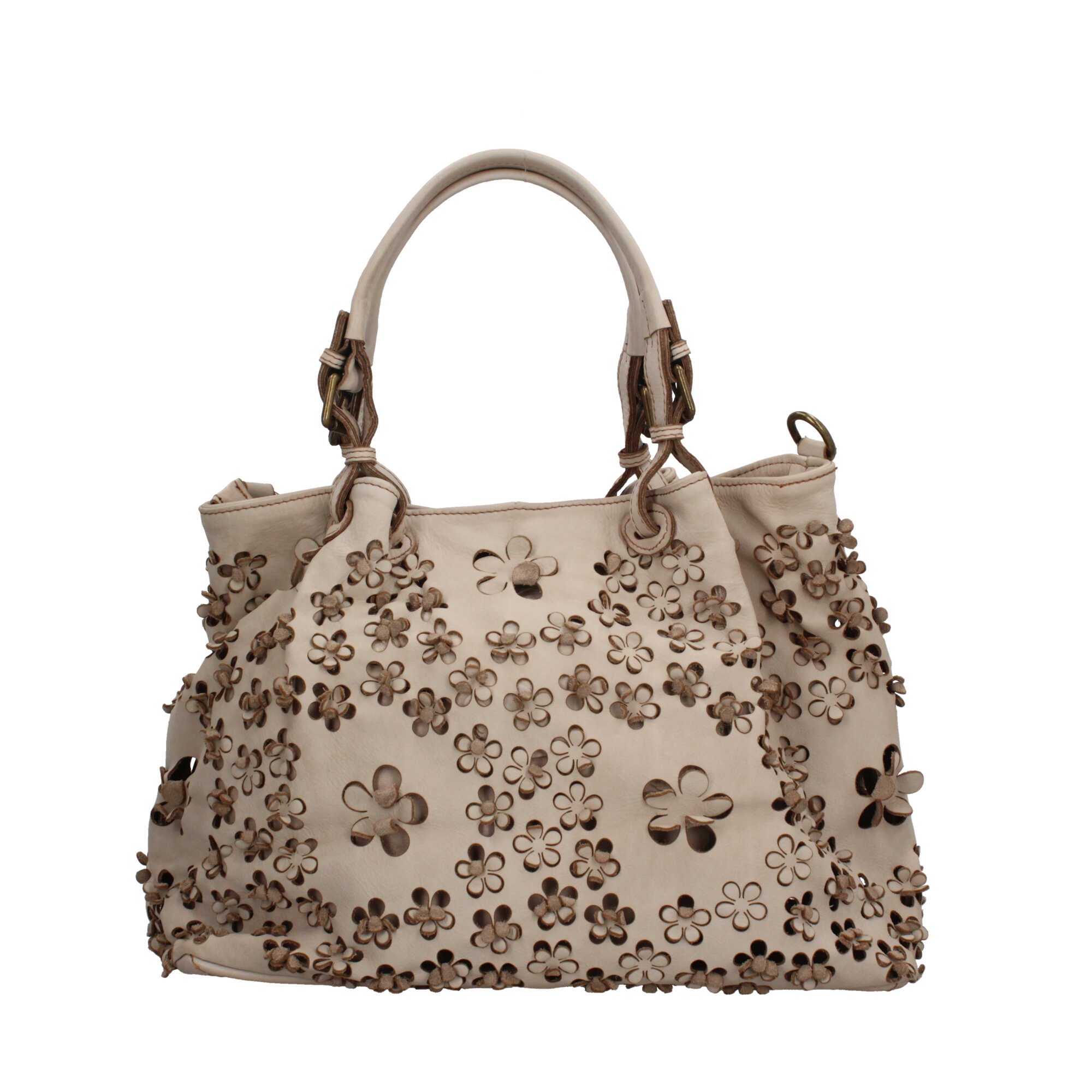Borsa elegante traforata con motivo floreale e manici intrecciati