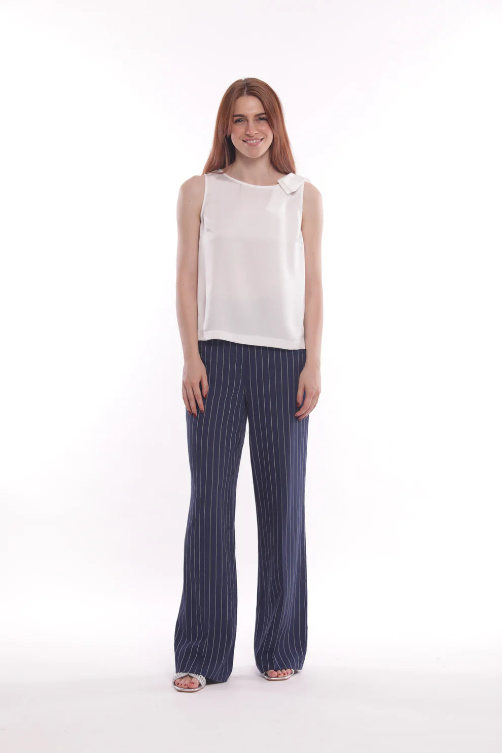 Pantaloni donna a palazzo con fantasia rigata Blu S | Giò Fashion