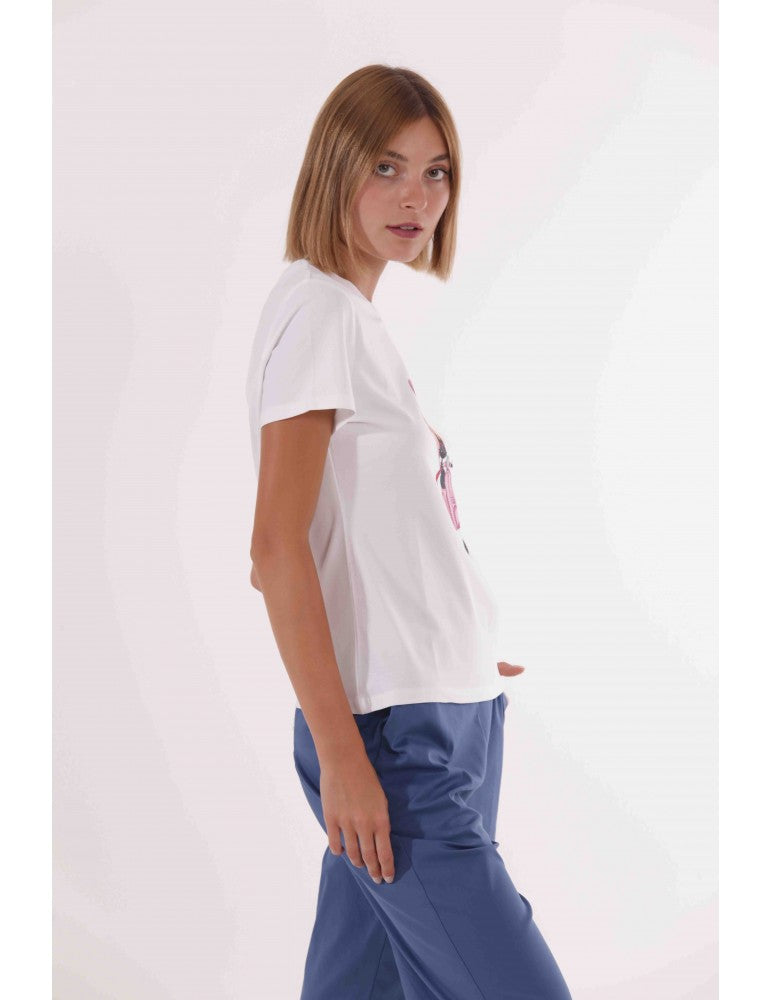 T-shirt donna con stampa gatto su Vespa e palloncini