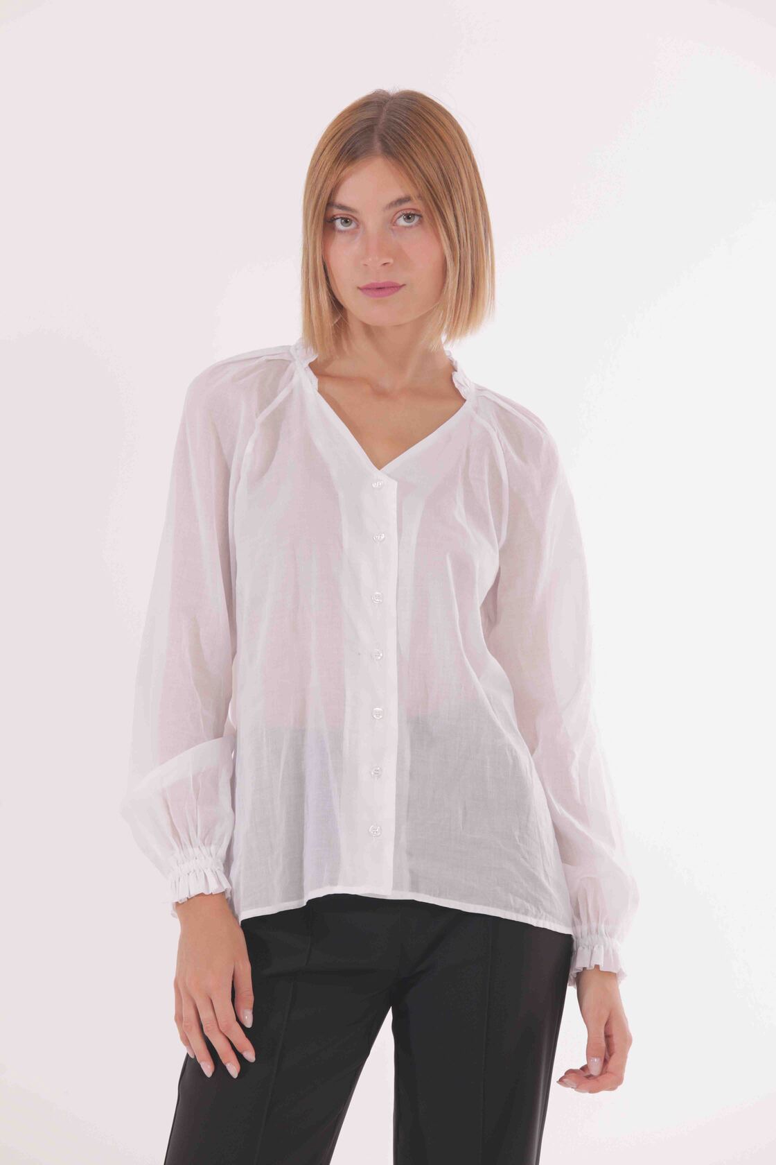 Camicia over con rouches su collo in mussola di cotone Mimì Muà