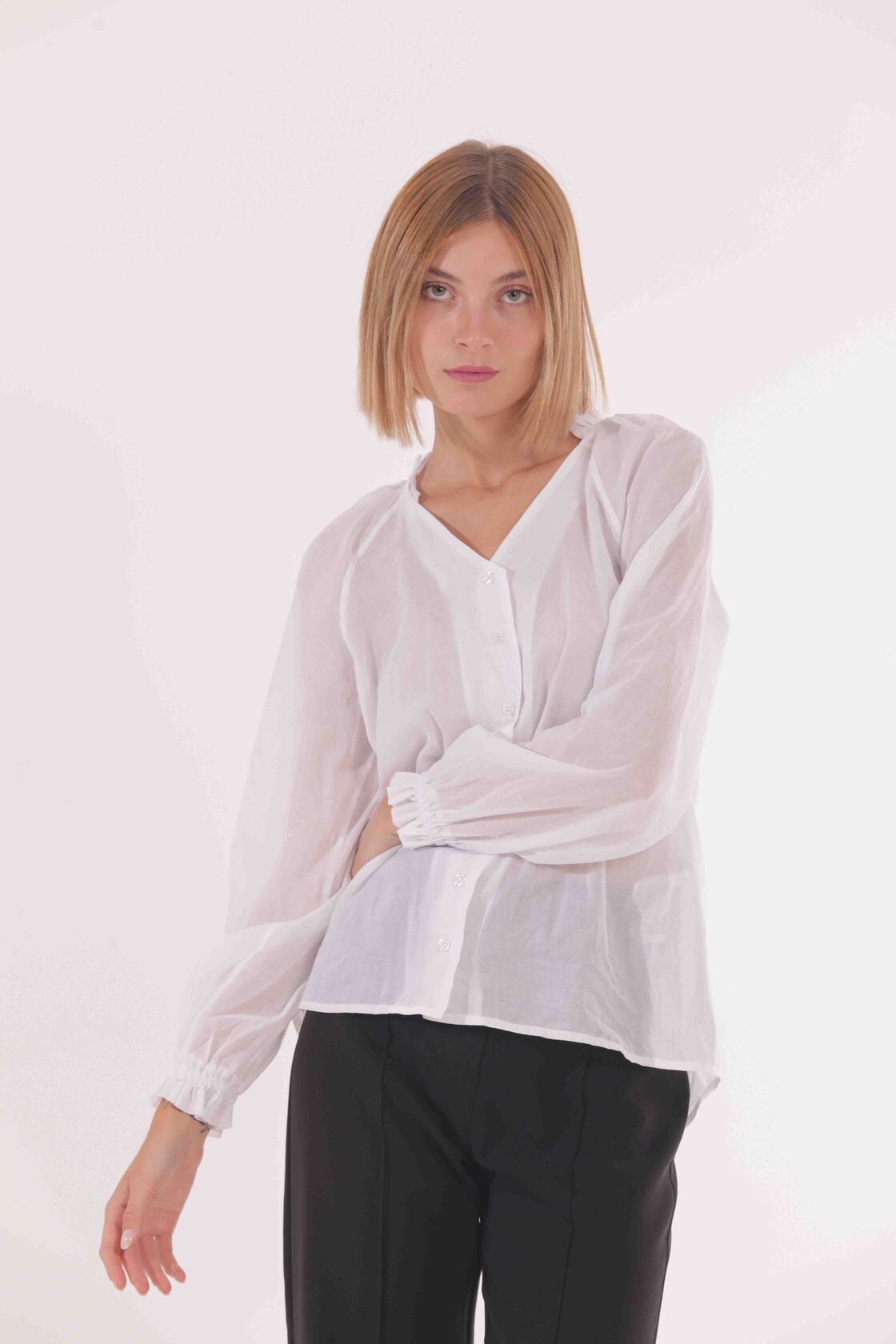 Camicia over con rouches su collo in mussola di cotone Mimì Muà
