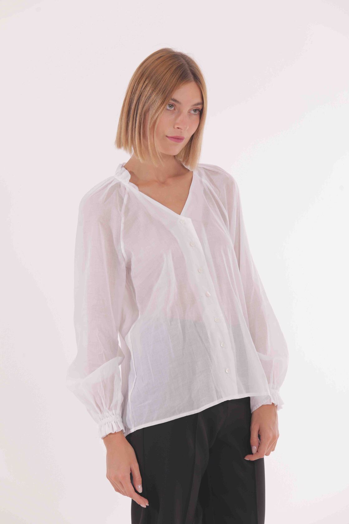 Camicia over con rouches su collo in mussola di cotone Mimì Muà