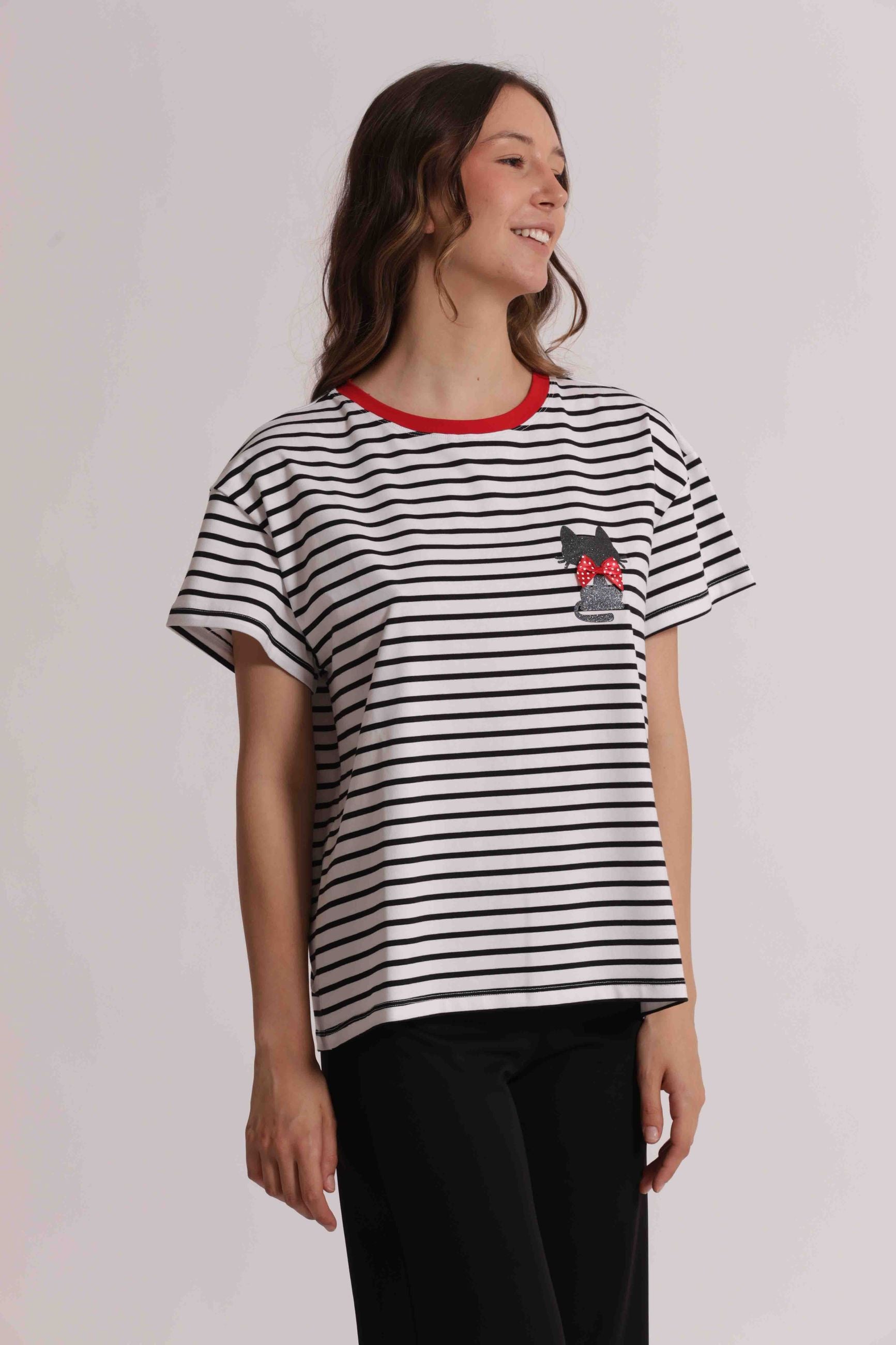 T-shirt donna Mimi Mua a righe con dettaglio applicazione frontale e taglio comfort NERO/BIANCO S | Giò Fashion