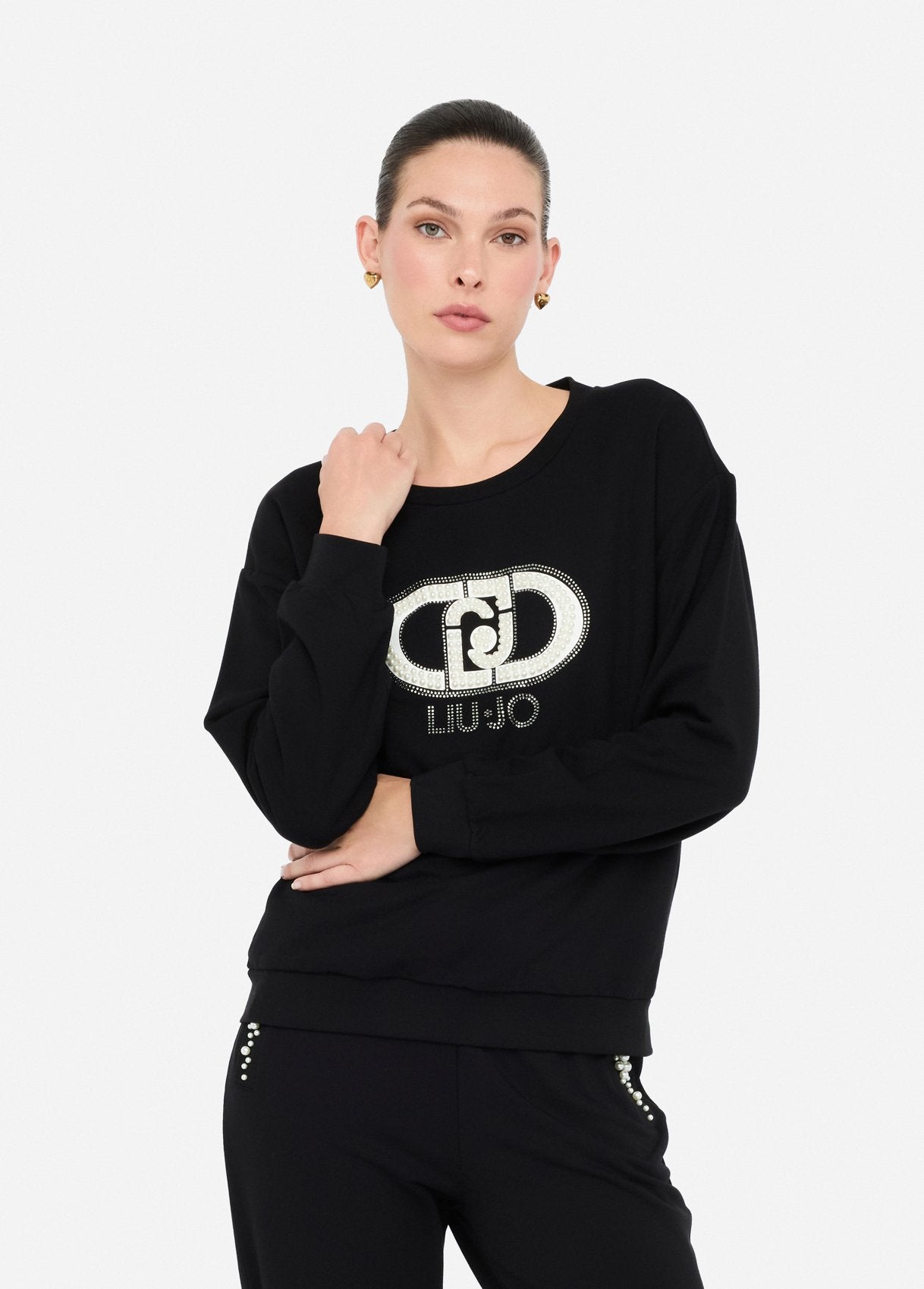 Felpa Liu Jo con logo e strass Nero L | Giò Fashion