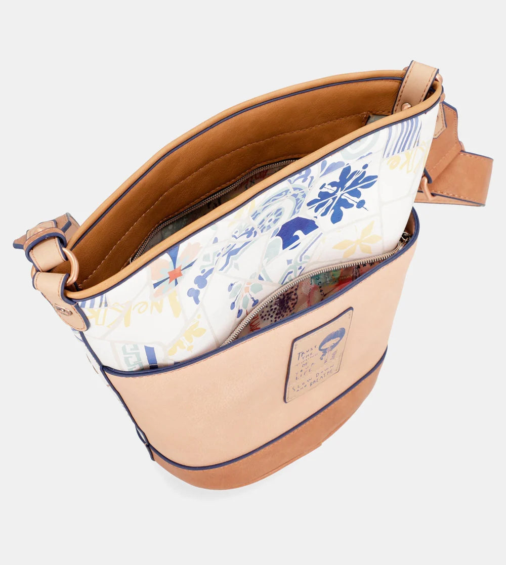 Borsa a tracolla ovale Anekke Sunrise con stampa ceramica mediterranea