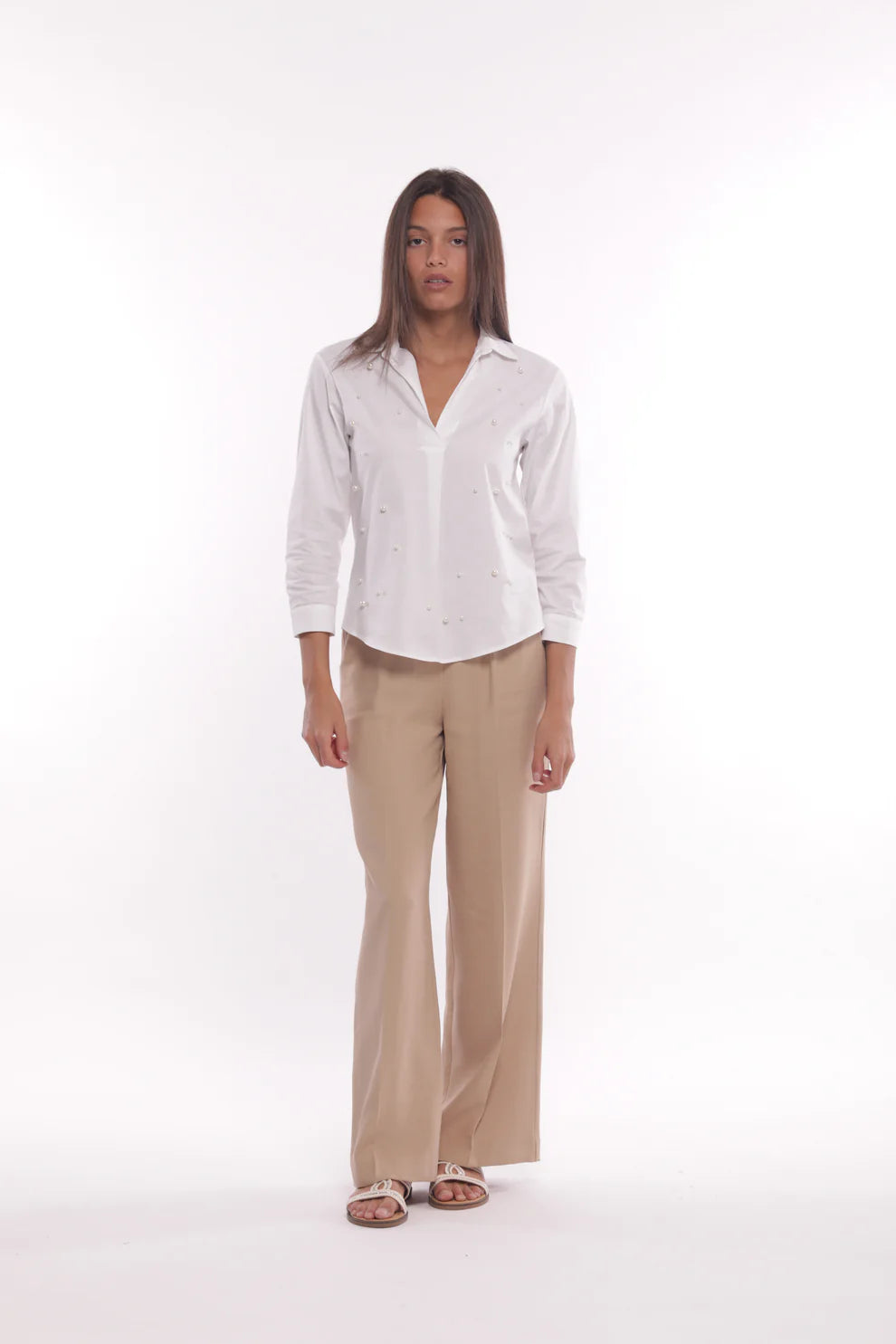 Pantaloni donna eleganti a gamba larga Beige S | Giò Fashion