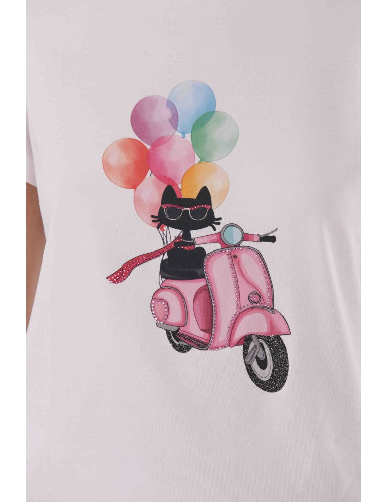 T-shirt donna con stampa gatto su Vespa e palloncini