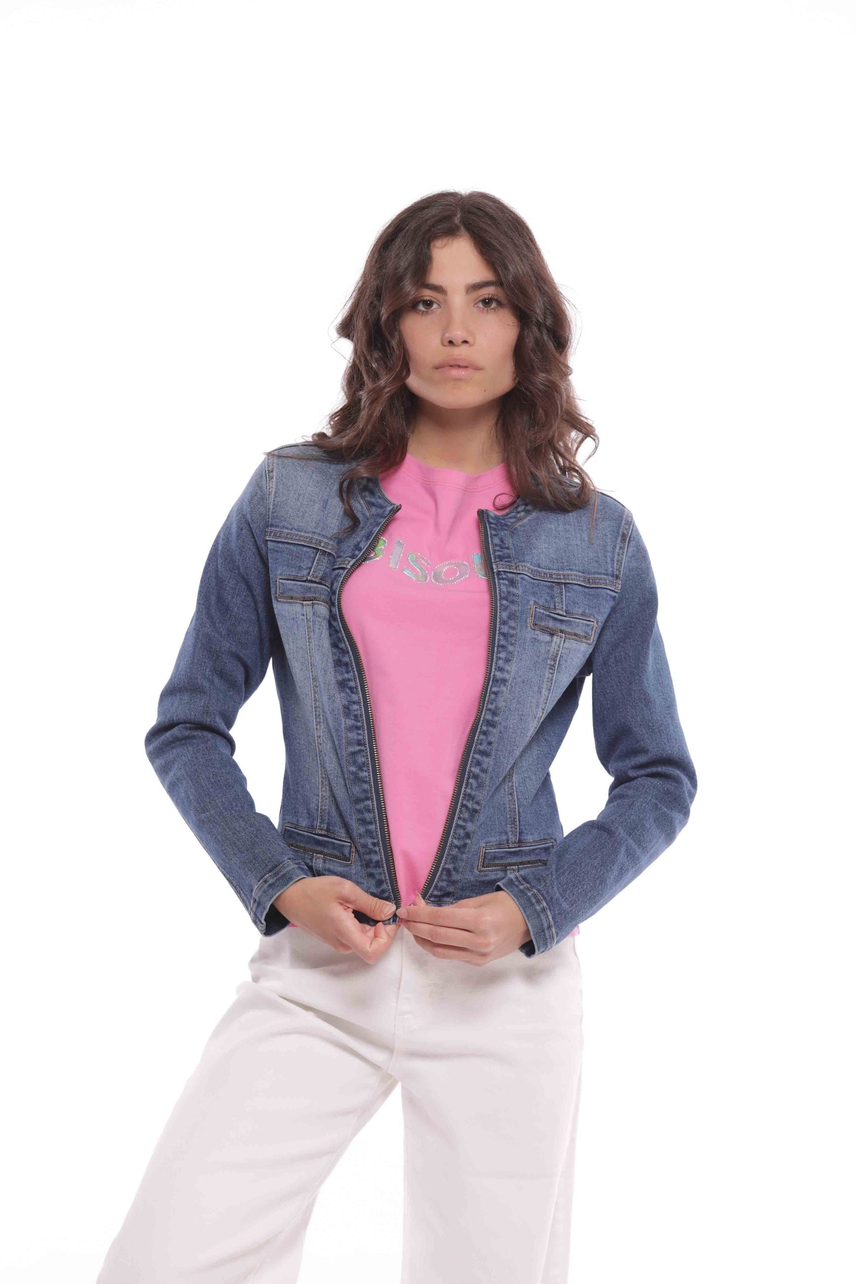 Mimi Mua Giubbotto di Jeans con Zip Blu S | Giò Fashion