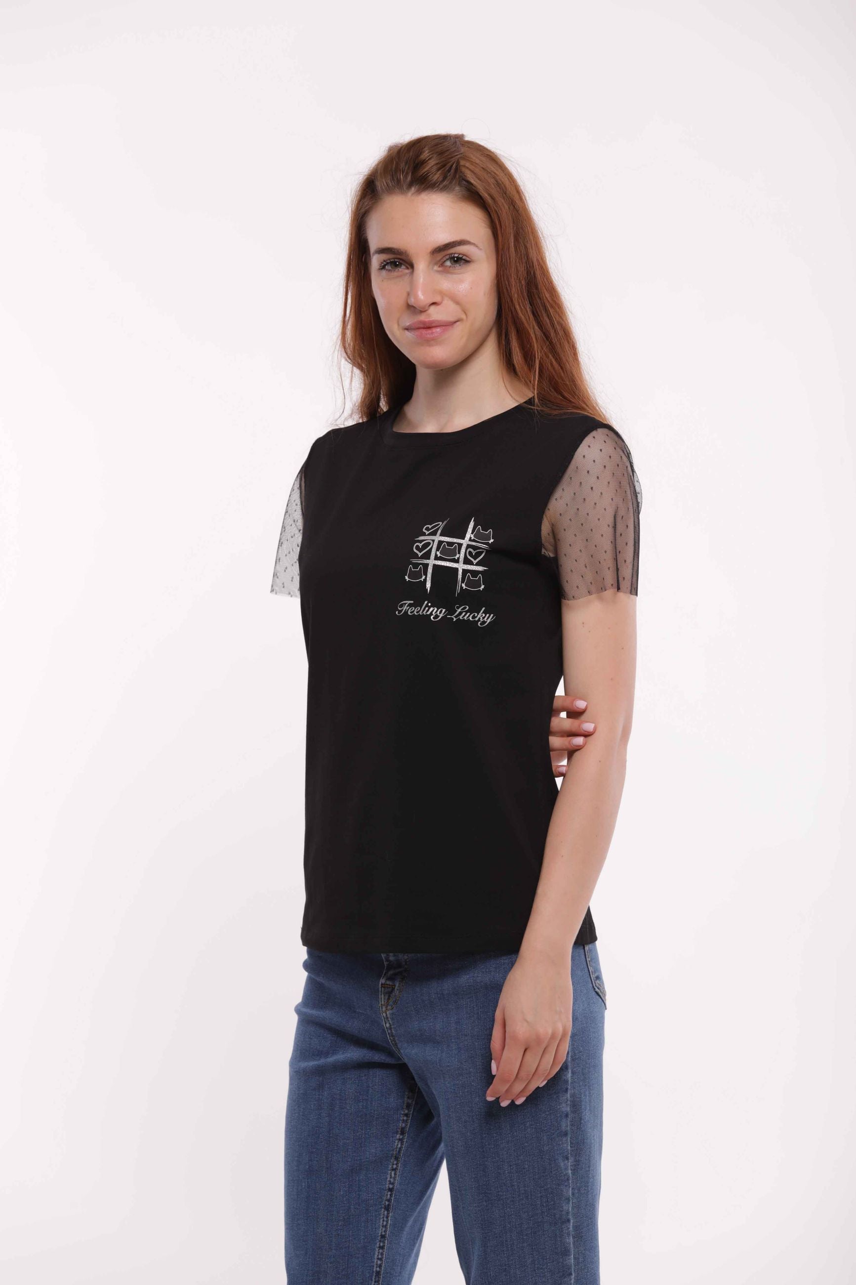 Minimua T-shirt Feeling Lucky con Maniche in Tulle