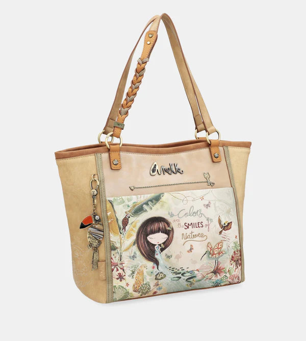 Borsa shopper Anekke con stampa natura e manici intrecciati