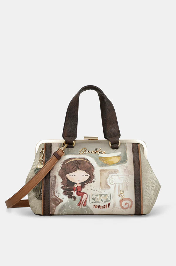 Borsa a mano Anekke con tracolla removibile design illustrato frontale Beige TU | Giò Fashion