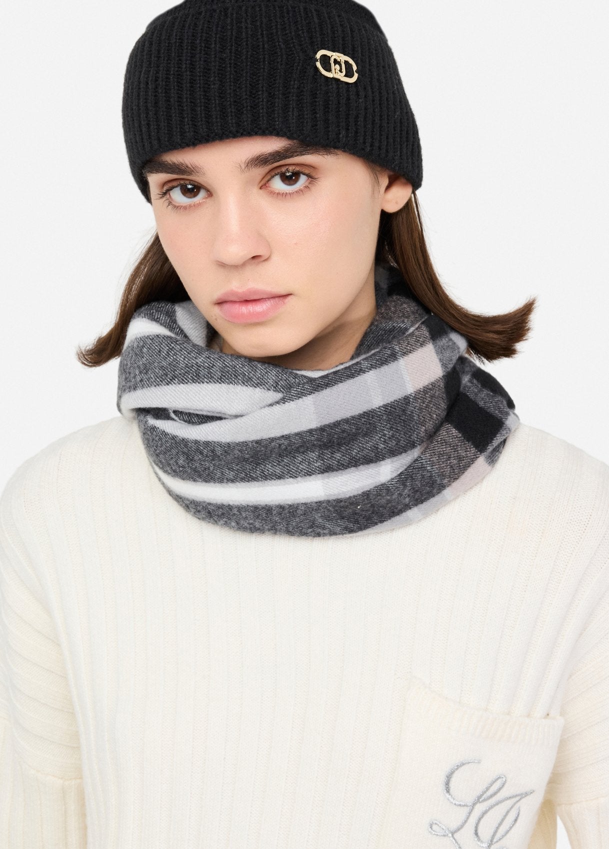 Liu Jo set cappello in maglia con logo e sciarpa a quadri Nero TU | Giò Fashion
