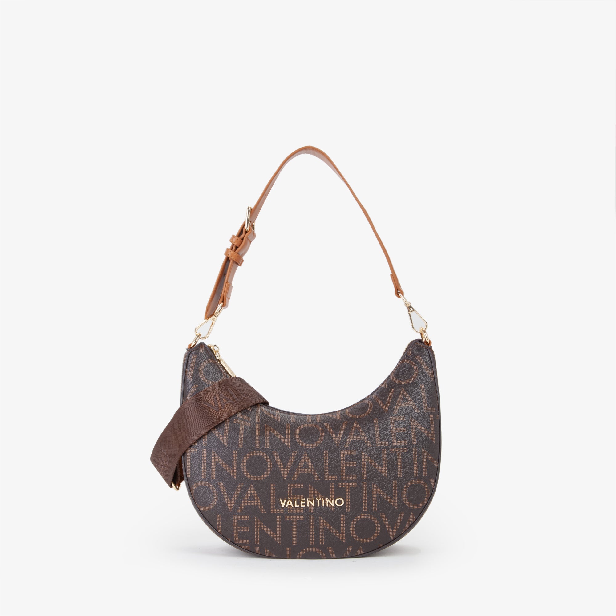 Borsa a spalla donna Mario Valentino mezzaluna con stampa logo e tracolla regolabile Marrone TU | Giò Fashion