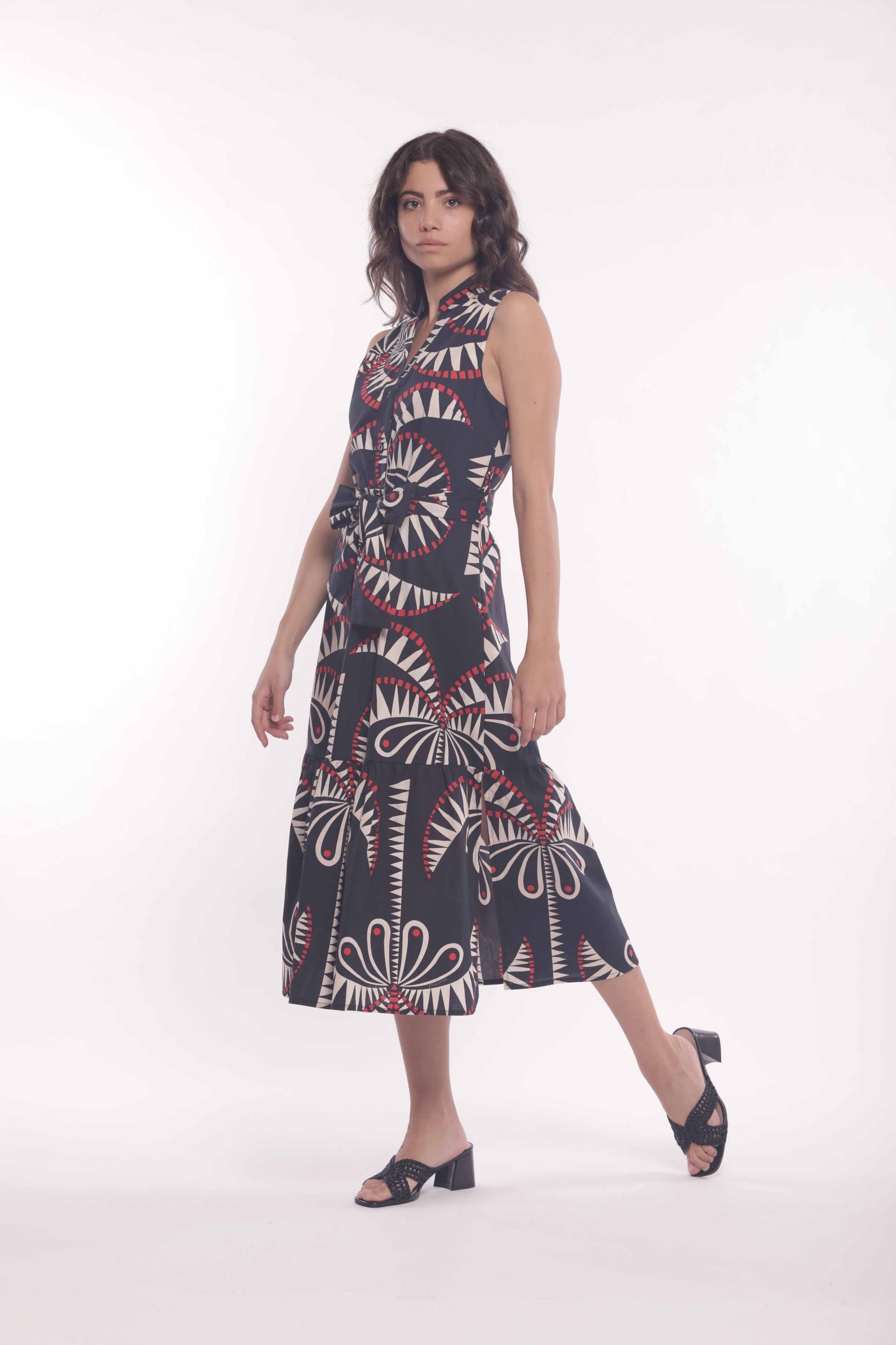 Mimi Mua abito chemisier smanicato con fantasia Palms Nero S | Giò Fashion