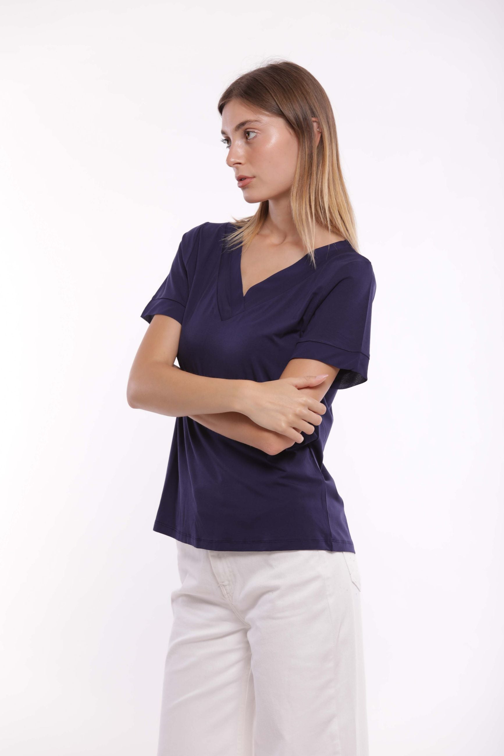 T-shirt Mimi Mua scollo a V con dettagli in georgette