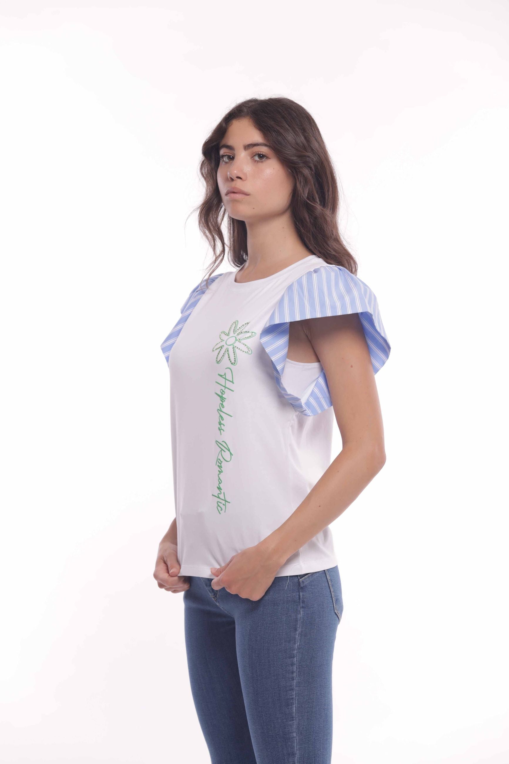 Minimua T-shirt con Maniche a Righe e Dettagli Floreali