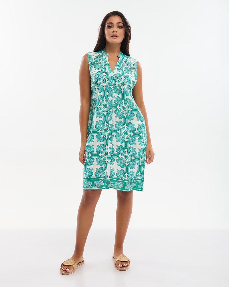 Ble Resort Collection Abito Corto Senza Maniche con Dettagli Ricamati e Perline