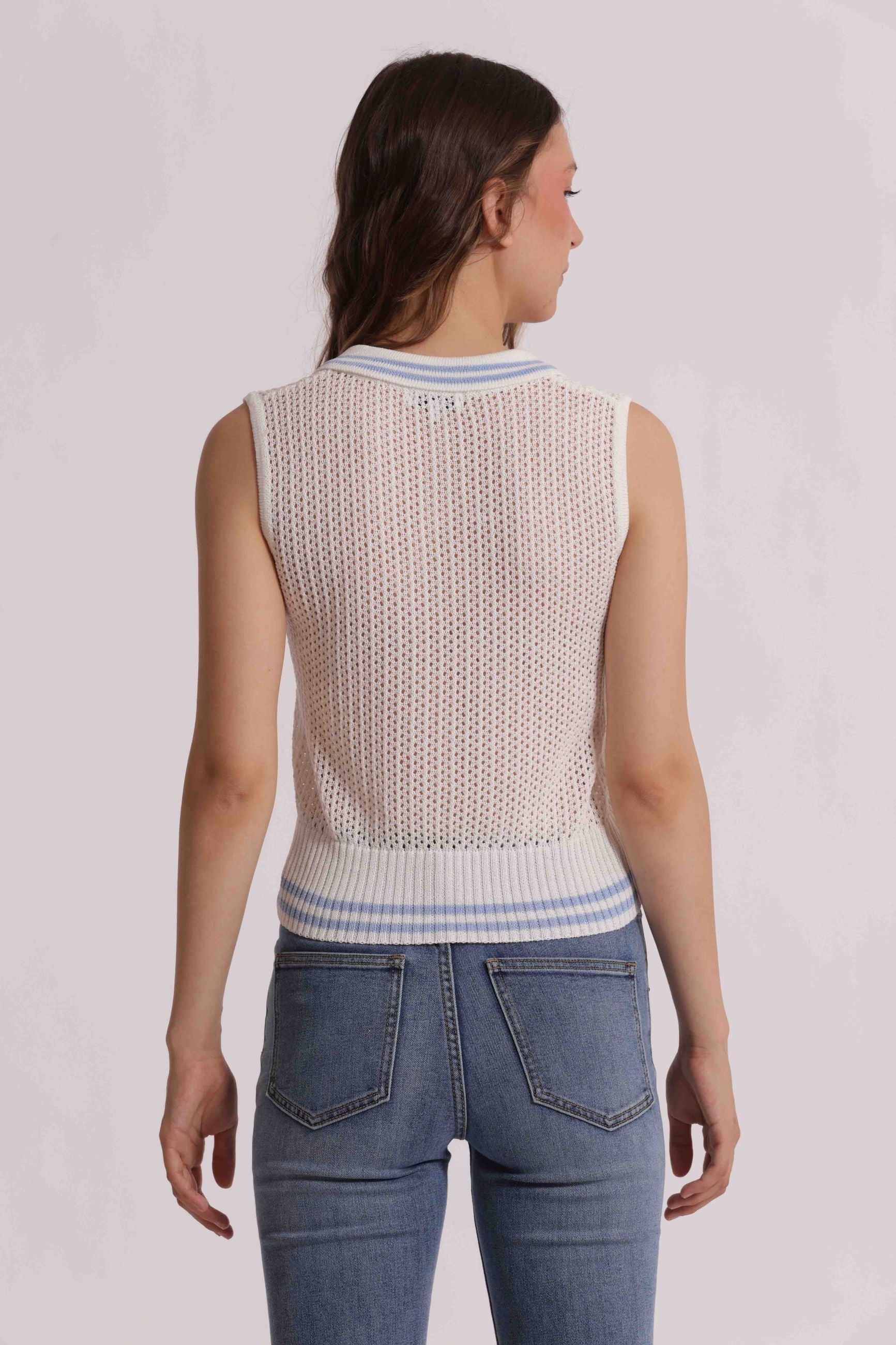 Top donna Mimi Mua traforato smanicato con colletto stile casual chic PANNA S | Giò Fashion