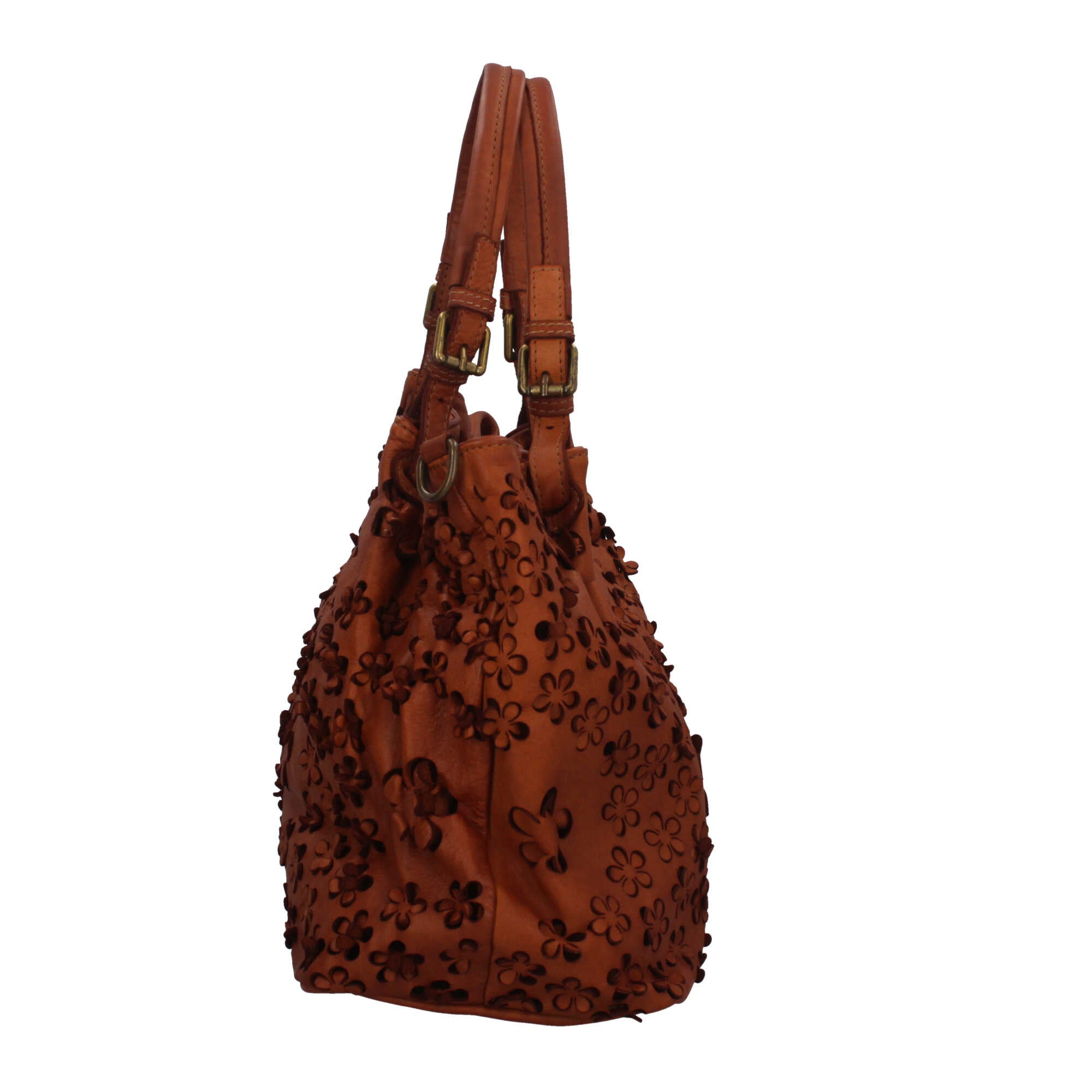 Borsa elegante traforata con motivo floreale e manici intrecciati