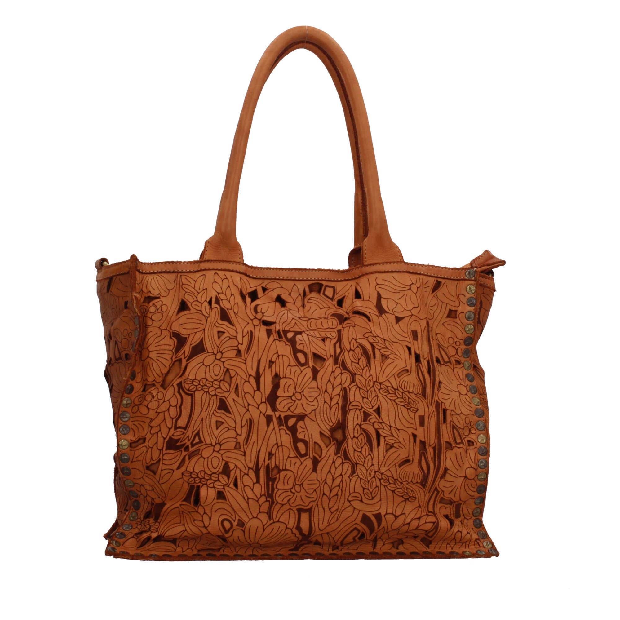 Borsa a spalla con traforo floreale e manico corto rinforzato