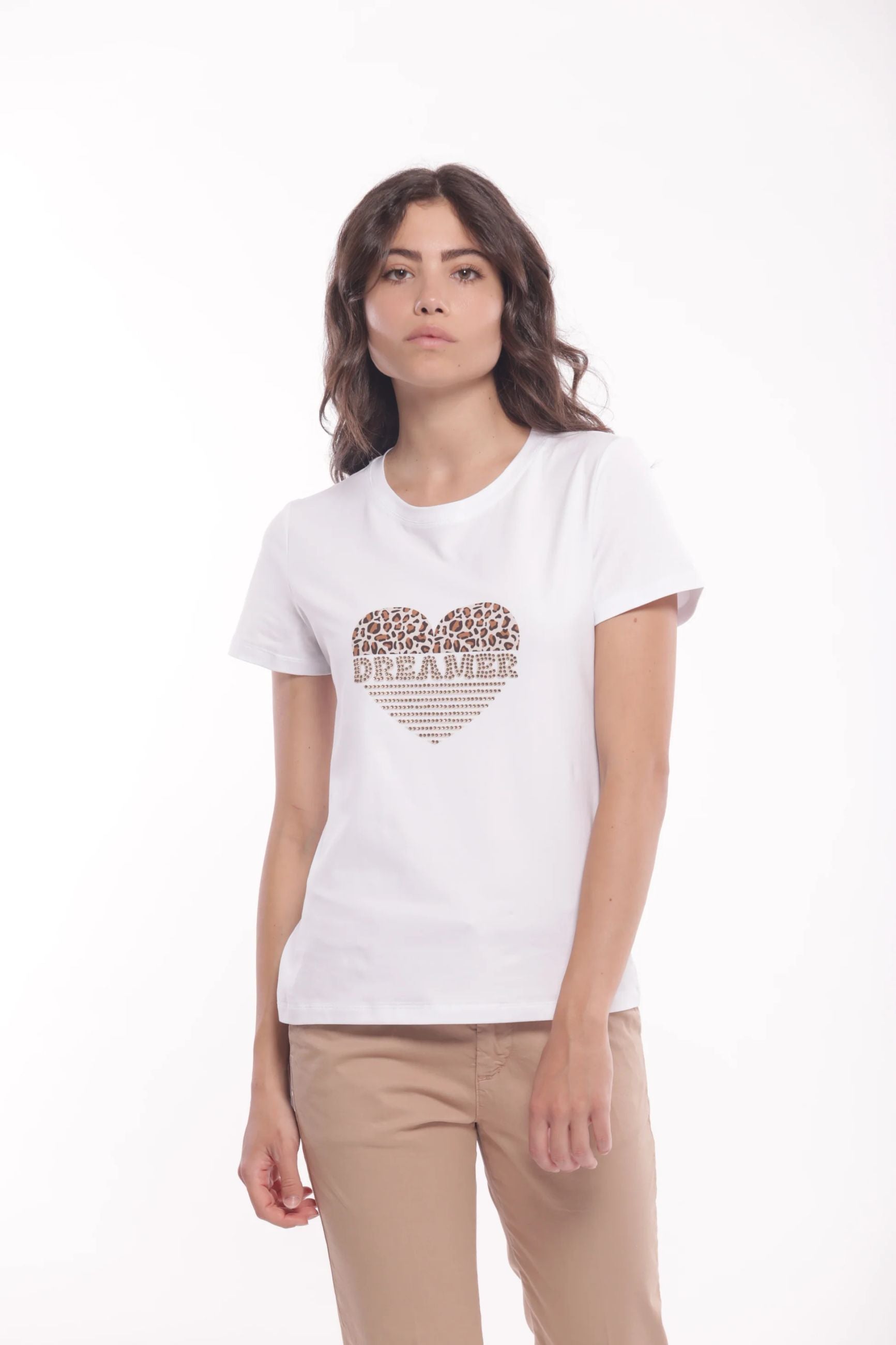 Minimua T-shirt Dreamer con Stampa Cuore e Strass Bianco S | Giò Fashion