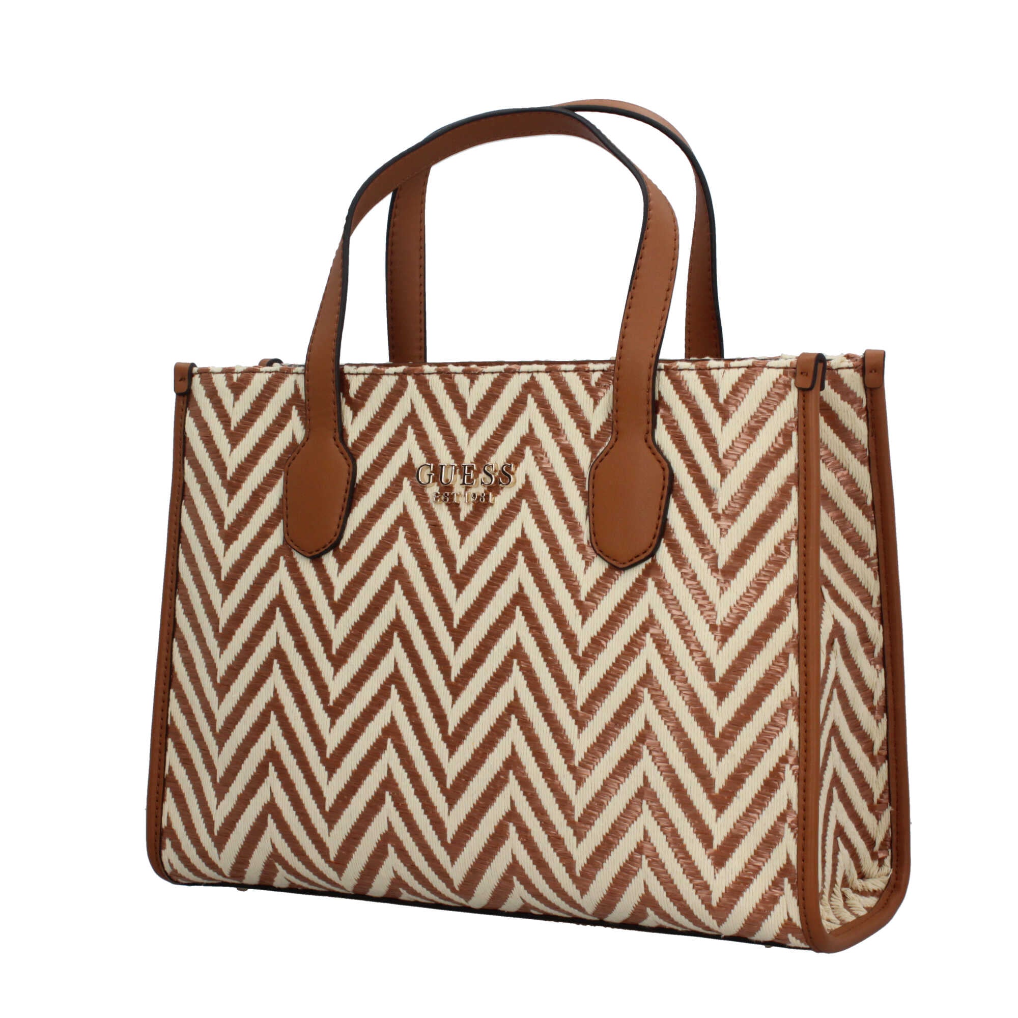 Borsa a Mano Guess con Motivo Chevron e Logo Marrone TU | Giò Fashion