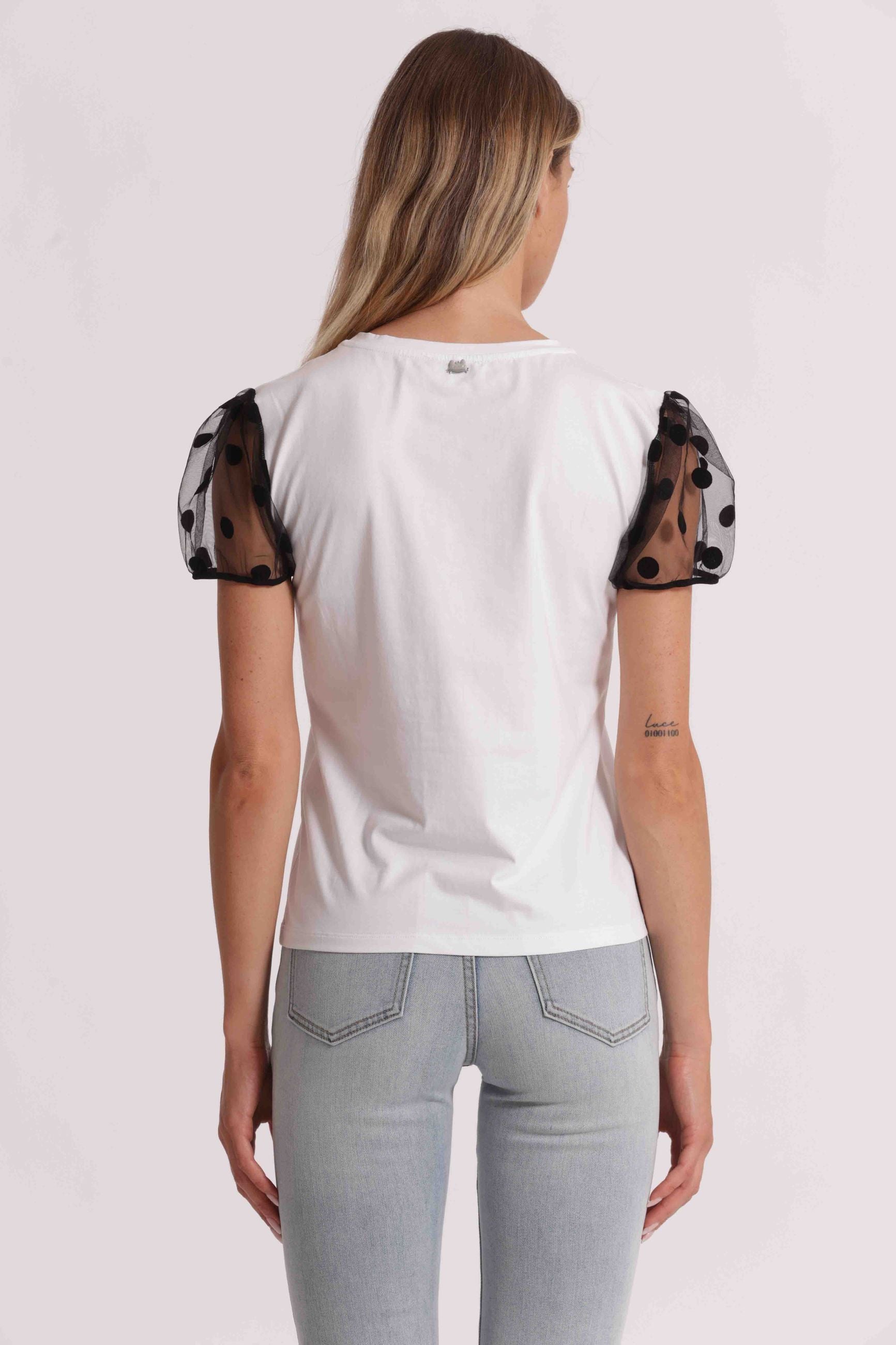 T-shirt donna Mimi Mua con maniche in tulle e stampa frontale stile romantico Bianco S | Giò Fashion