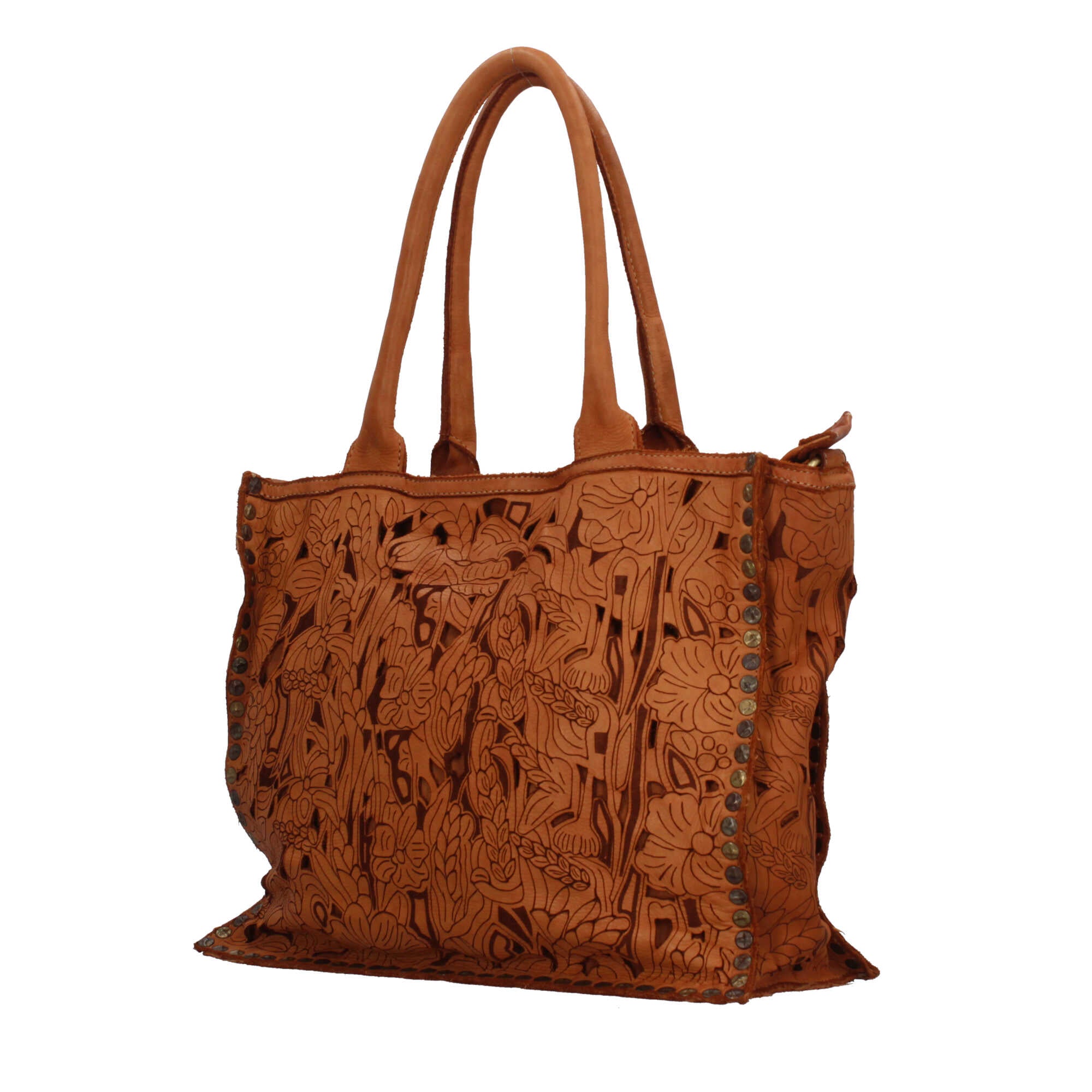 Borsa a spalla con traforo floreale e manico corto rinforzato