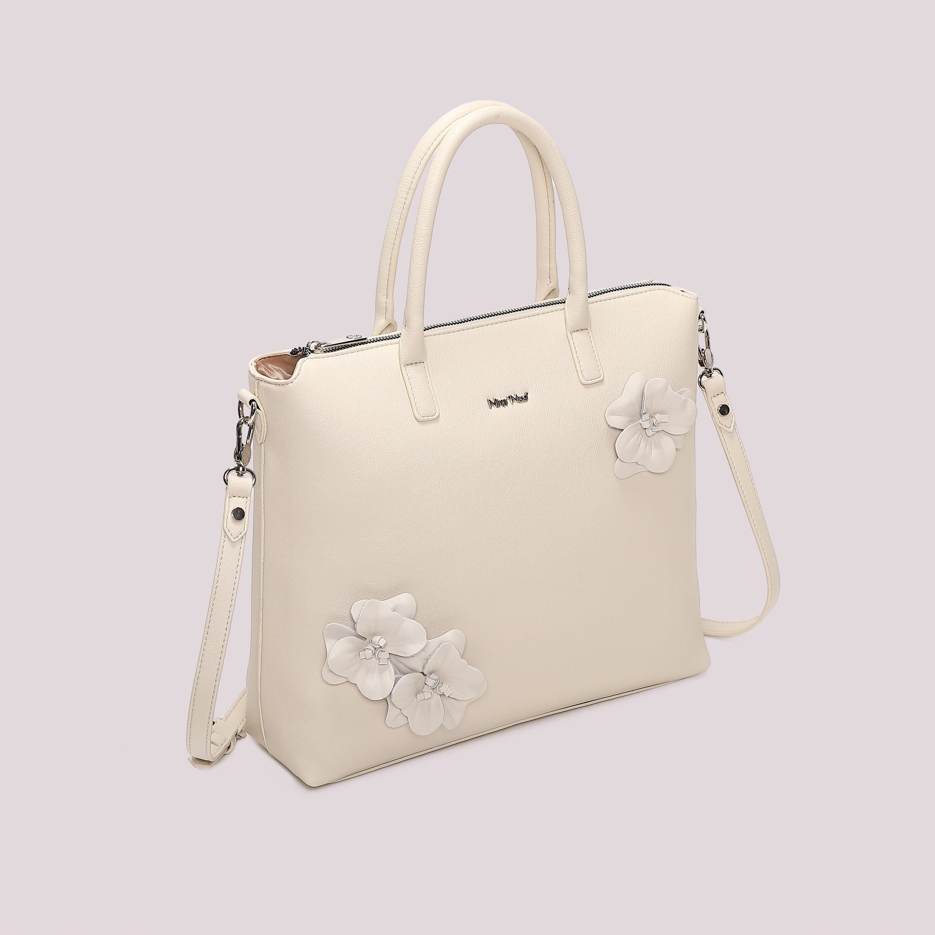 Mimi Mua borsa a mano con applicazioni floreali e tracolla removibile PANNA TU | Giò Fashion