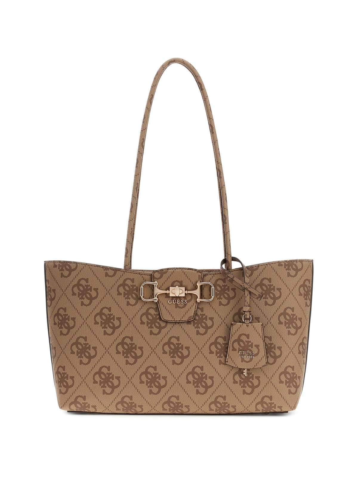 Borsa shopper Guess donna logo all over con morsetto e charm LATTE LOGO TU | Giò Fashion