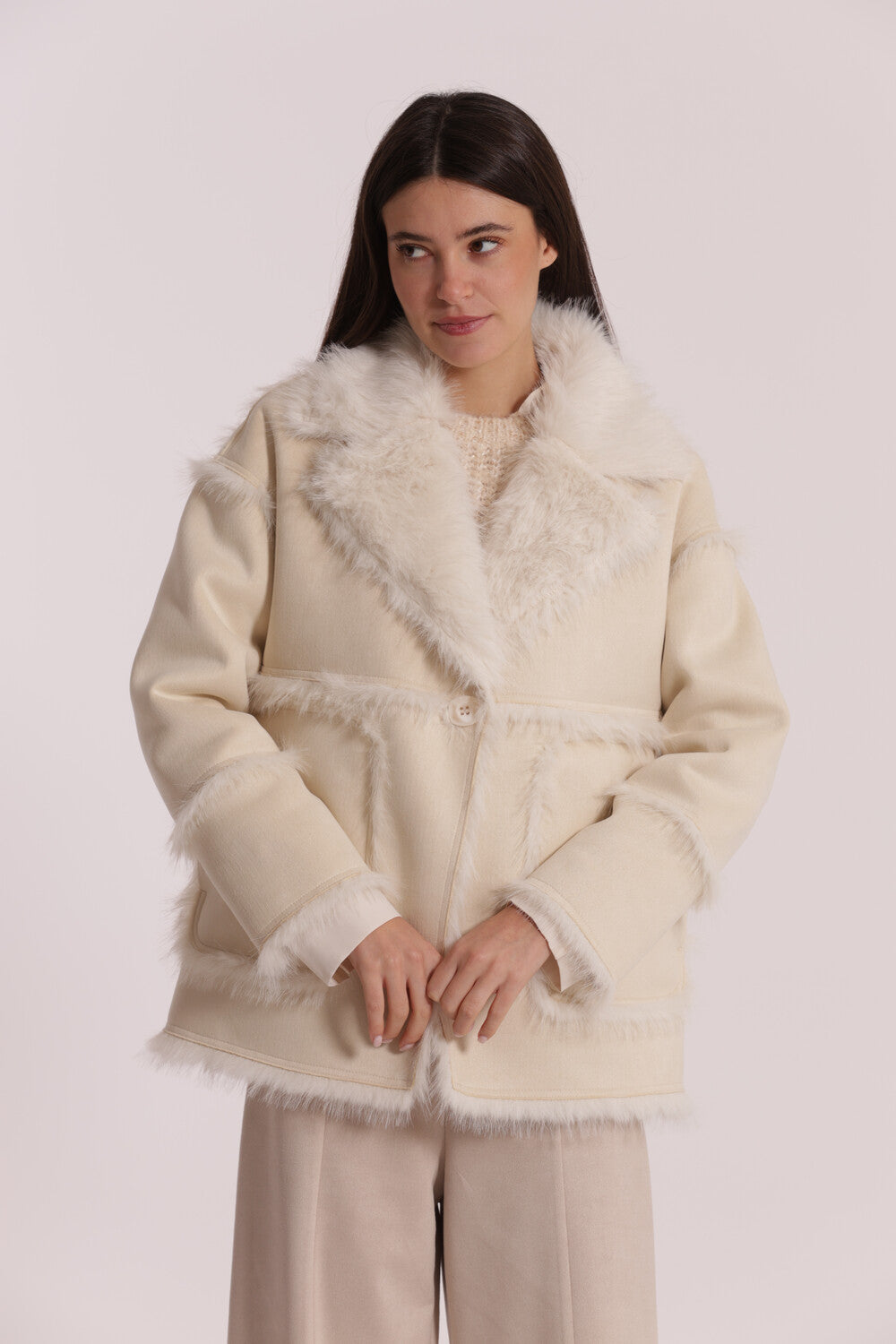 Giacca con inserti in ecopelliccia Mimi Mua Beige L | Giò Fashion