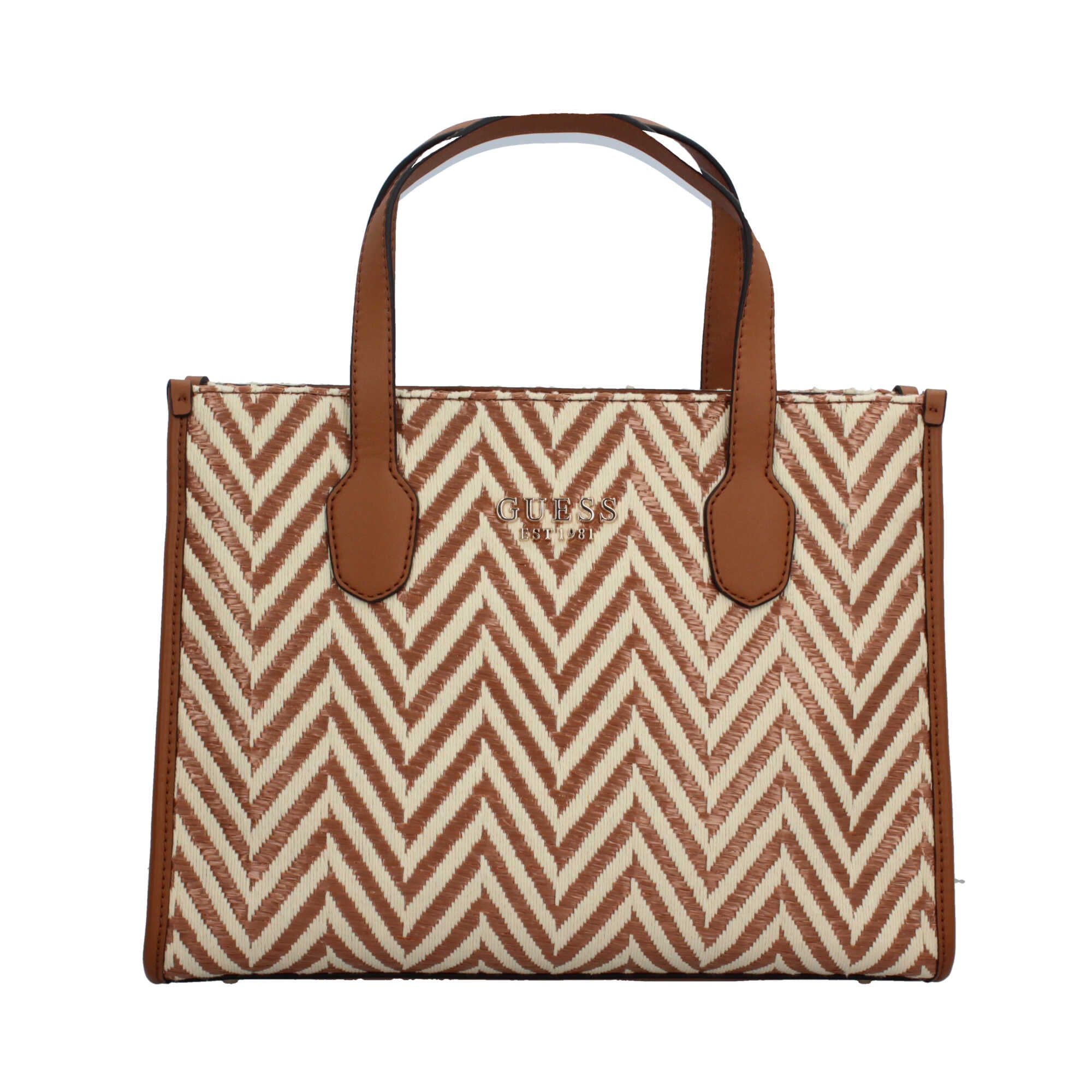 Borsa a Mano Guess con Motivo Chevron e Logo Marrone TU | Giò Fashion